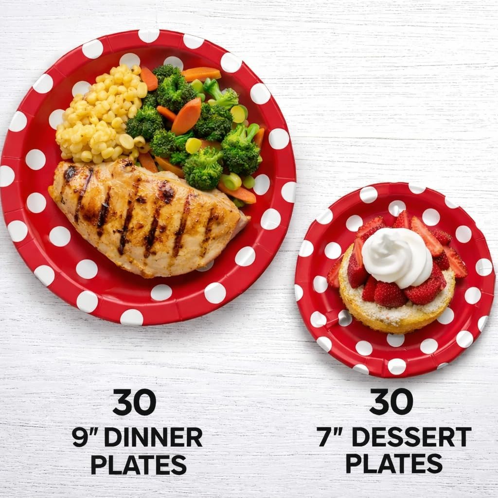 Serves 30 Complete Party Pack Red Polka Dot Party Supplies 9" Dinner Paper Plates 7" Dessert Paper Plates 9 oz Cups 3 Ply Napkins 2 Red Polka Dot Table Cover Size: 54" x 108"