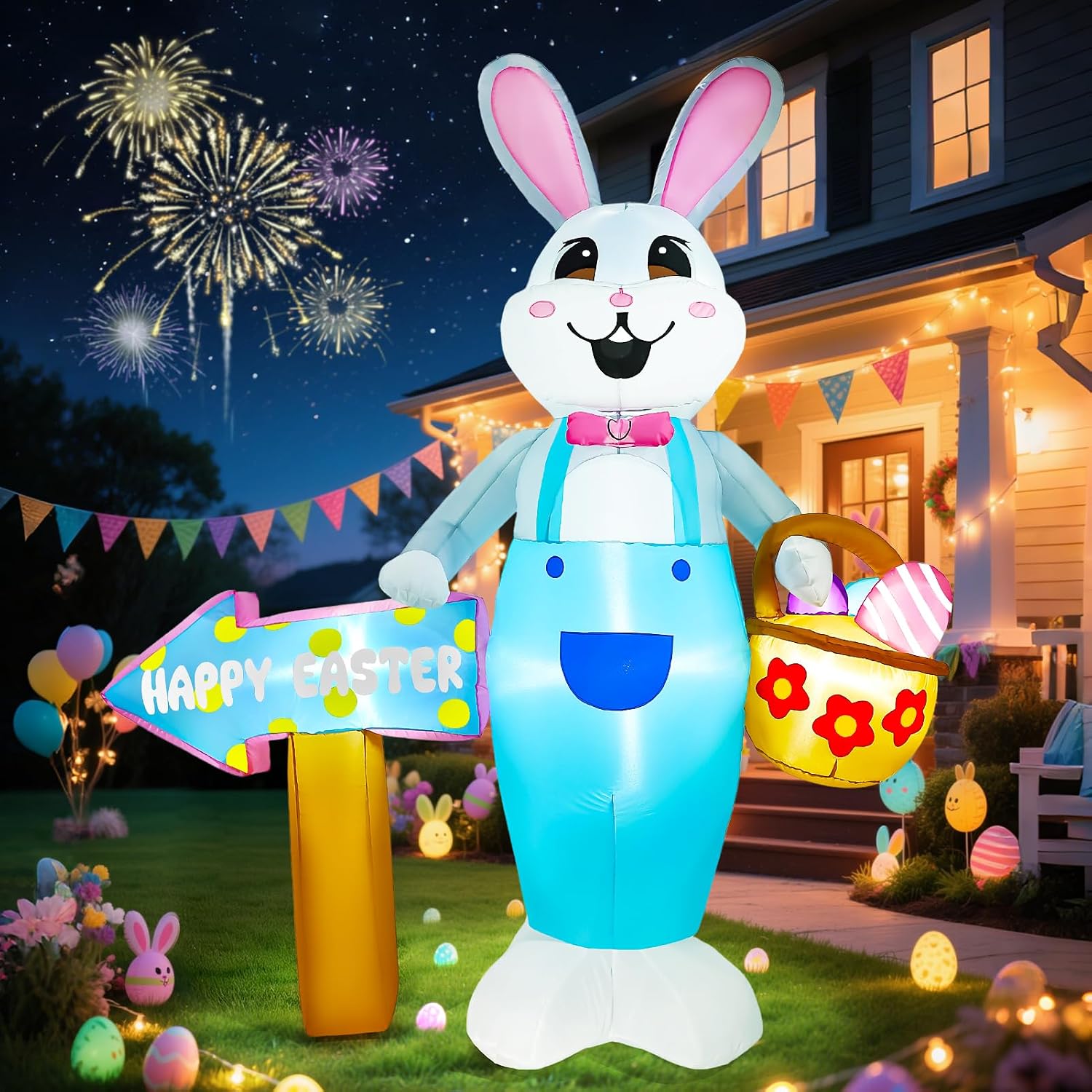 6FT Easter Inflatable Outdoor Decorations Gaint Easter Bunny with Colorful Eggs Basket & Direction Sign Blow Up Lighted Yard Rabbit Ornament for Spring Lawn Decor Garden Holiday Party Display