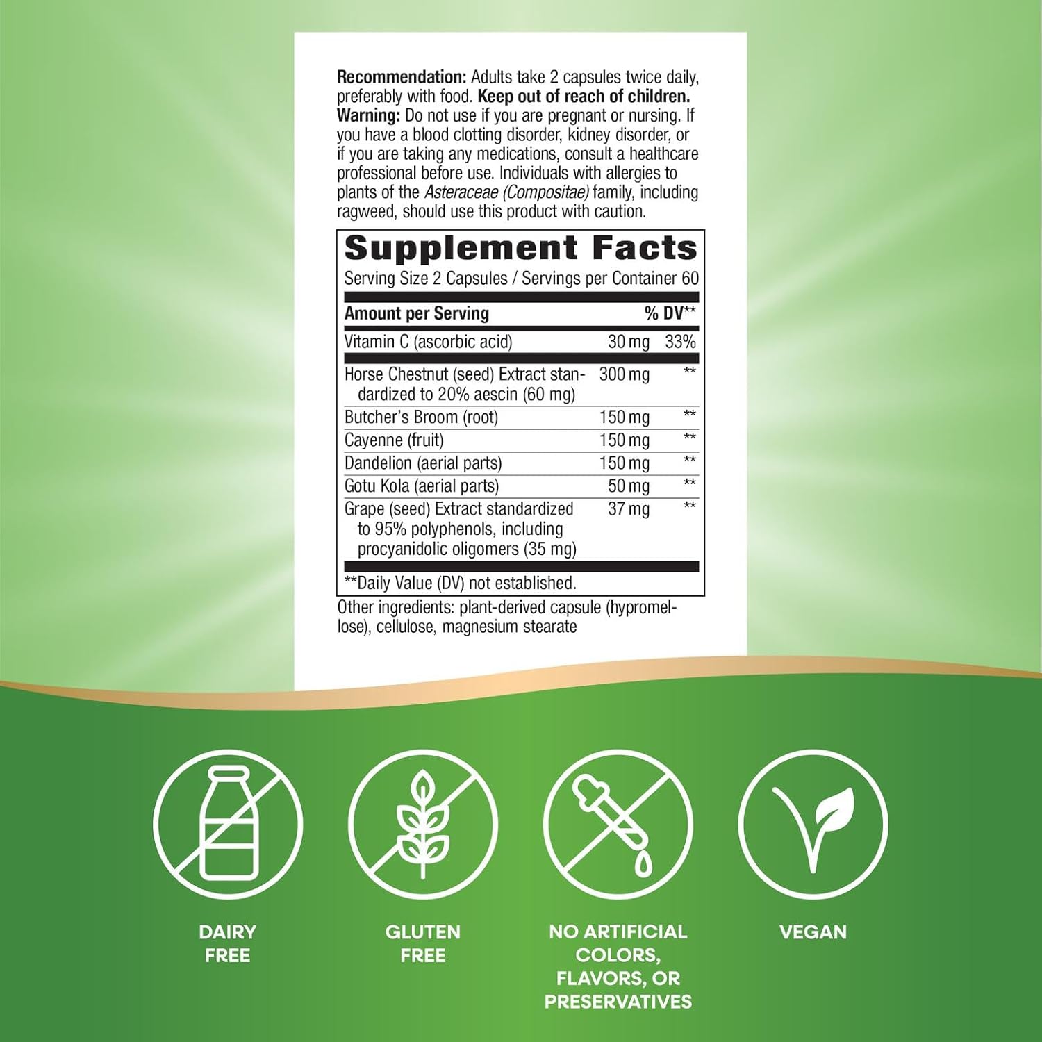 Nature's Way Leg Veins, Supports Healthy Leg Vein Strength*, 6-Herb Blend, With Horse Chestnut Extract, Dandelion, Gluten Free, 120 Vegan Capsules (Packaging May Vary)