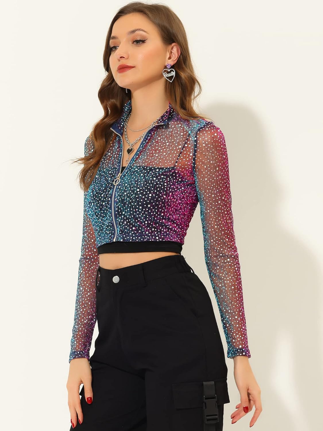 Allegra K Women's Crop Bomber Jacket Sheer Tops Mesh Sparkly Glitter Rave Outfit Halloween Clubwear Night Out Top - Image 3