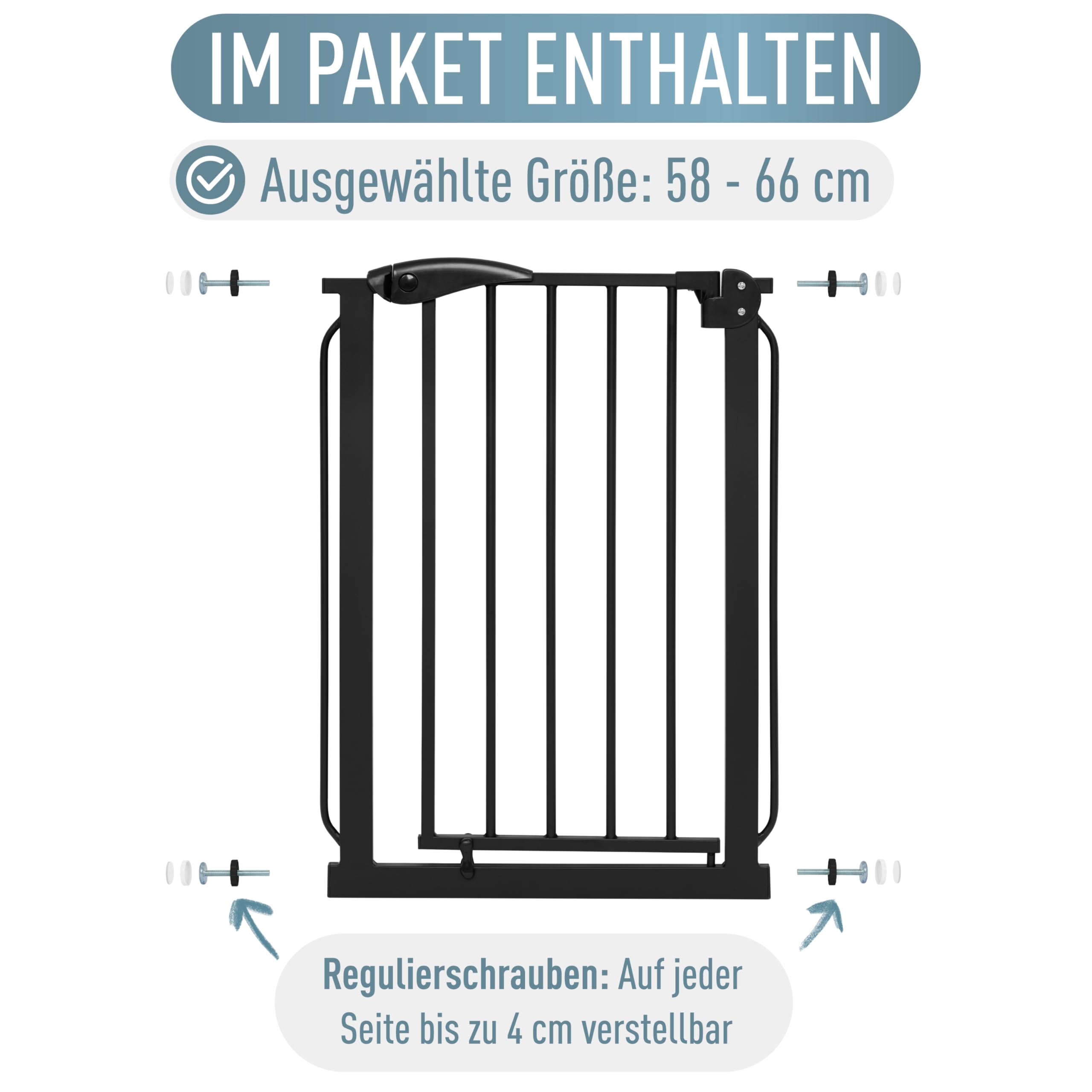 Treppenschutzgitter Berrin - Türschutzgitter für Babys, Ohne Bohren, Schwarz, Breite: 58-66 cm