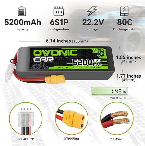 Miniatura 2 de OVONIC LiPo Batería 22.2V 5200mAh 80C 6S Batería con conector XT90 Compatible para DJI Avión RC Quadcopter Helicóptero RC Coche Camión Barco Hobby