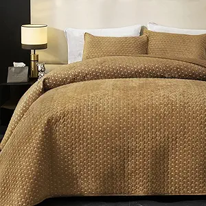 Powdion Velvet Quilt Queen, Oversized Bedspread Quilted Bedding Set, Luxurious Soft Coverlet Set Lightweight Velvet Comforter with 2 Pillow Shams, Gold Caramel, Cross Stitch Striped Quilt Queen