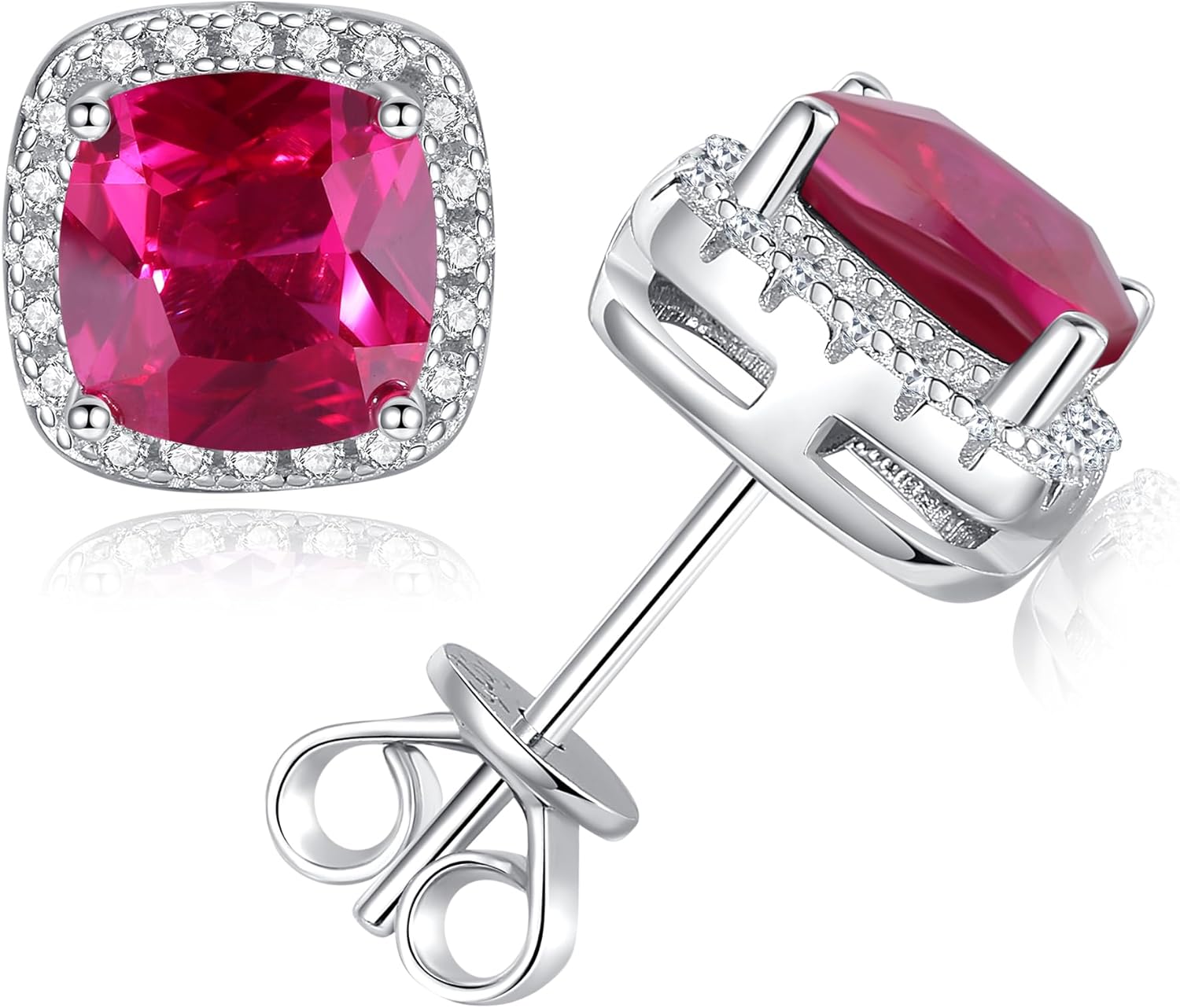 925 Sterling Silver Lab Simulation Diamond Earrings for Women, 4Ct Halo Cushion Cut 5A Cubic Zirconia/Ruby/Sapphire Stud Earrings Hypoallergenic Perfect Jewelry Gifts