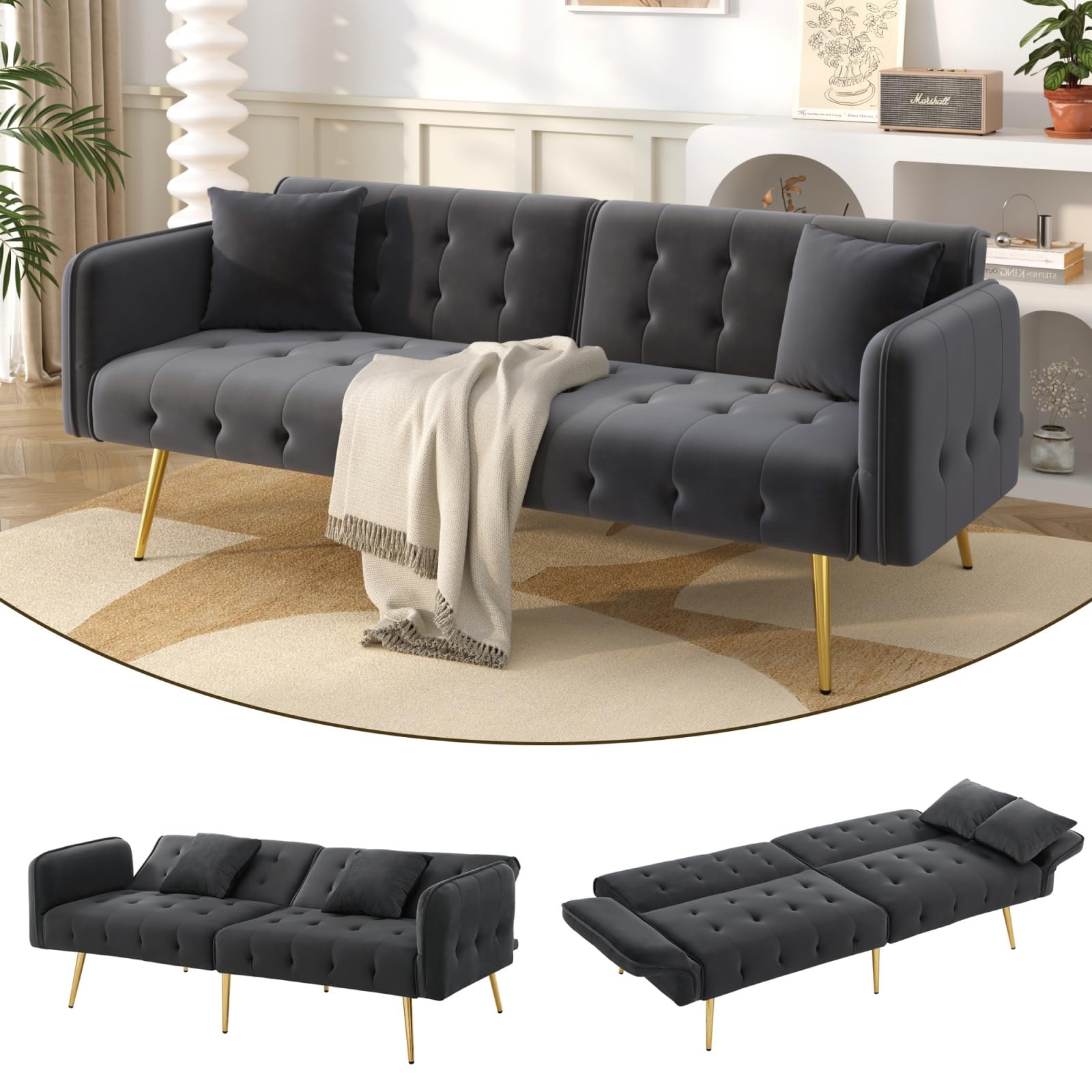 YEHTOKHOME - Sofá cama de 2 plazas convertible, carpetas independientes, reposabrazos ajustables, tejido aterciopelado, sofá cama con función de dormitorio, para sala de estar, oficina, dormitorio