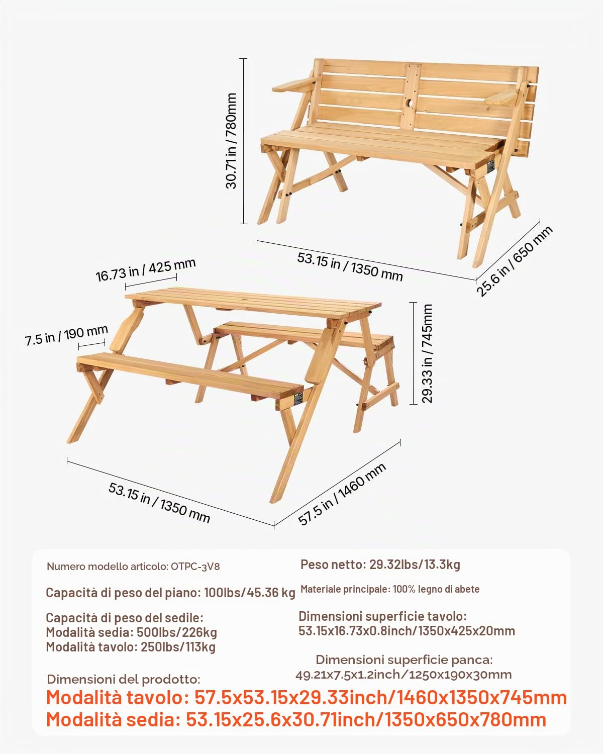 VEVOR Tavolo da Picnic Trasformabile Intercambiabile, Set Tavolo e Panca in Legno per Esterni, Panca Pieghevole Portatile con Foro per Ombrellone, Mobili da Pranzo per Patio per Giardino, Marrone