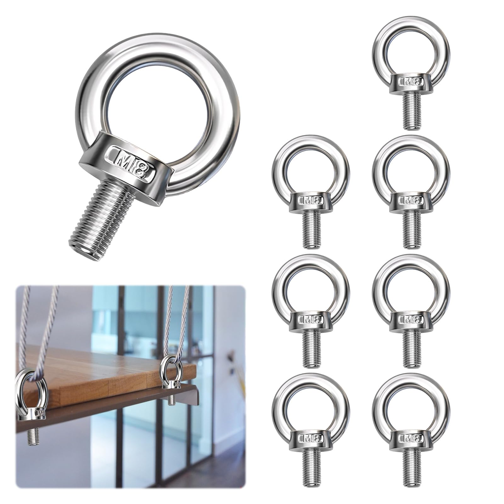 8 Pcs M8 Eye Bolts Heavy Duty,Eyebolt Male Screws,304 Stainless Steel Lifting Ring Eye Bolts with Thread for Living Lifting and Various Engineering Equipment Anchor Bolt Set