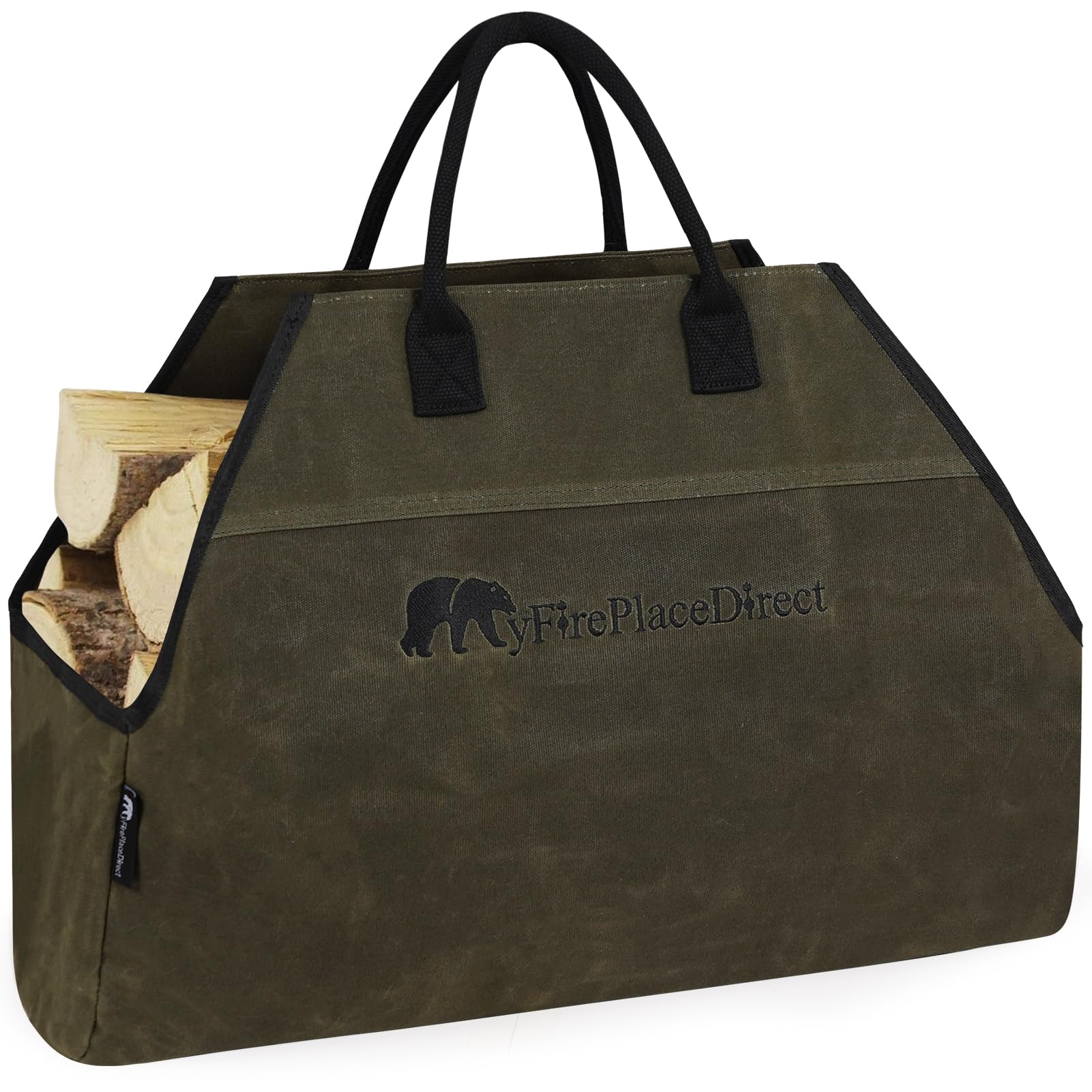 Heavy Duty Waxed Canvas Firewood Carrier with Unique Embroidered Logo, Extra Large Durable Log Carrier for Firewood with Strong Comfort Handle, Wood Carrier for Firewood, Green