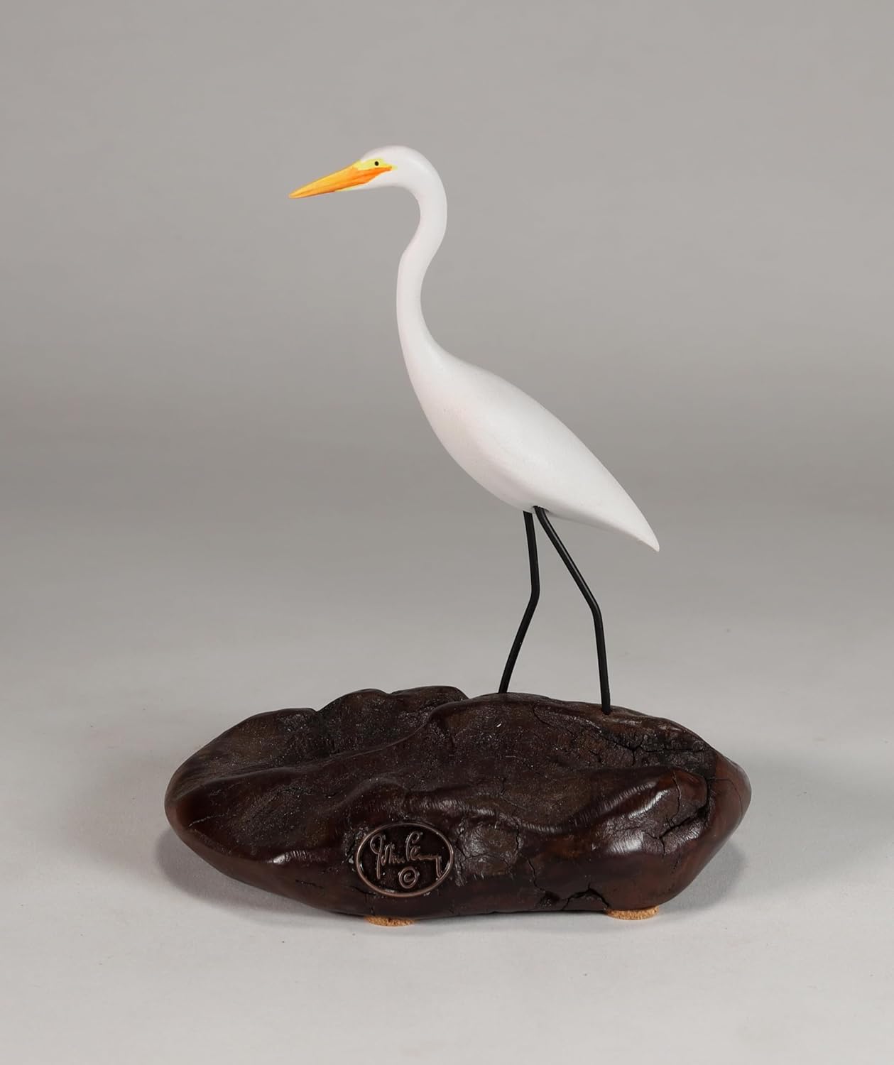 Egret Sculpture from John Perry on burlwood Base Spying Version. Signed.