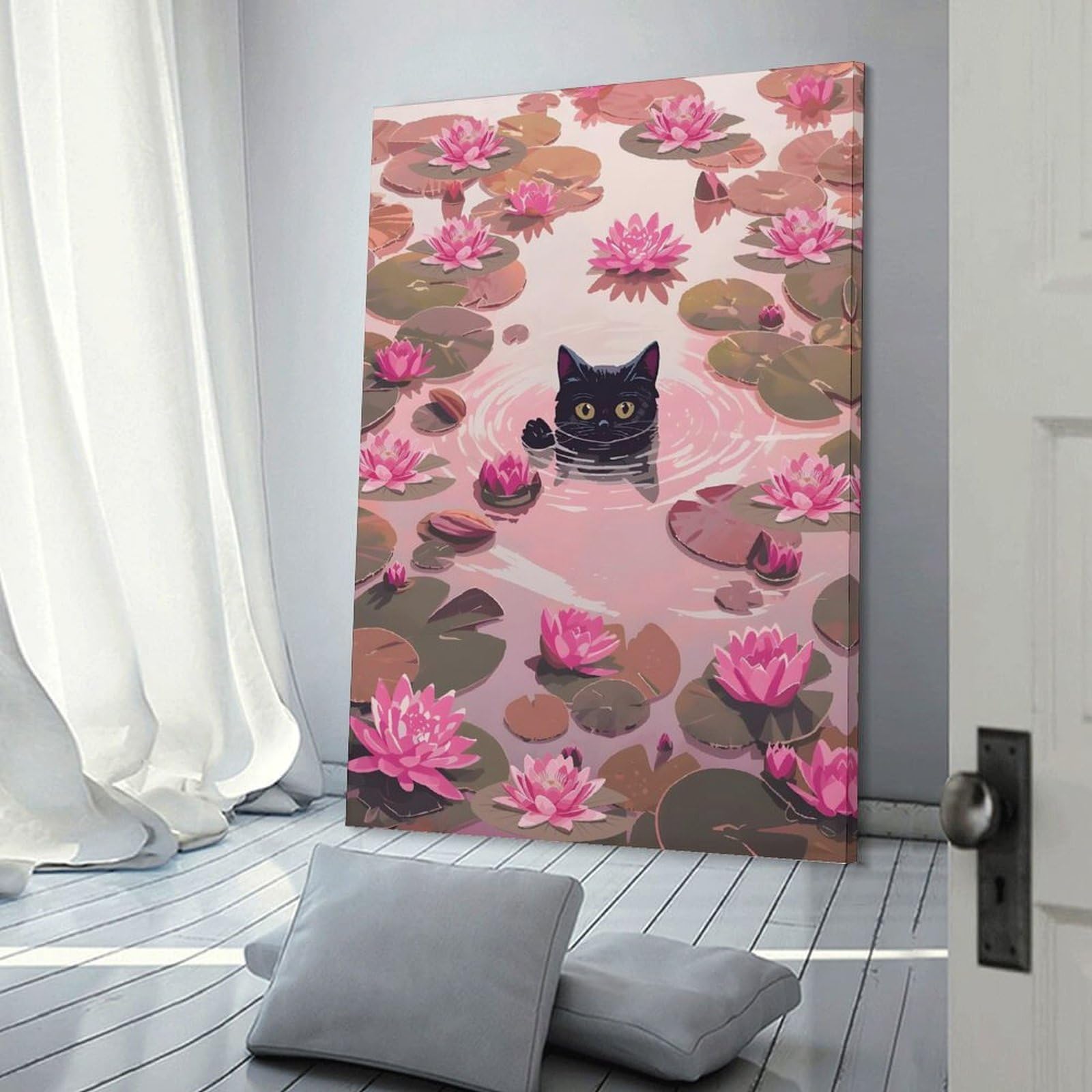 Junmoney Frame-Style-2 Hanging Wall Art Black Cat In Pink Lily Pond, 24X36inch(60X90cm), For Gallery Wall Layouts In Home Or Office, An Easy Match For Collected Prints