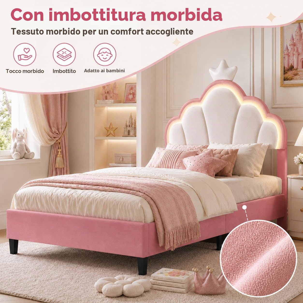 DULRLLY Letto bambini imbottito 90x200 cm, letto singolo con strisce LED regolabili e Testiera a forma di corona, letto Principessa con rete a doghe per bambini ragazze e adolescenti