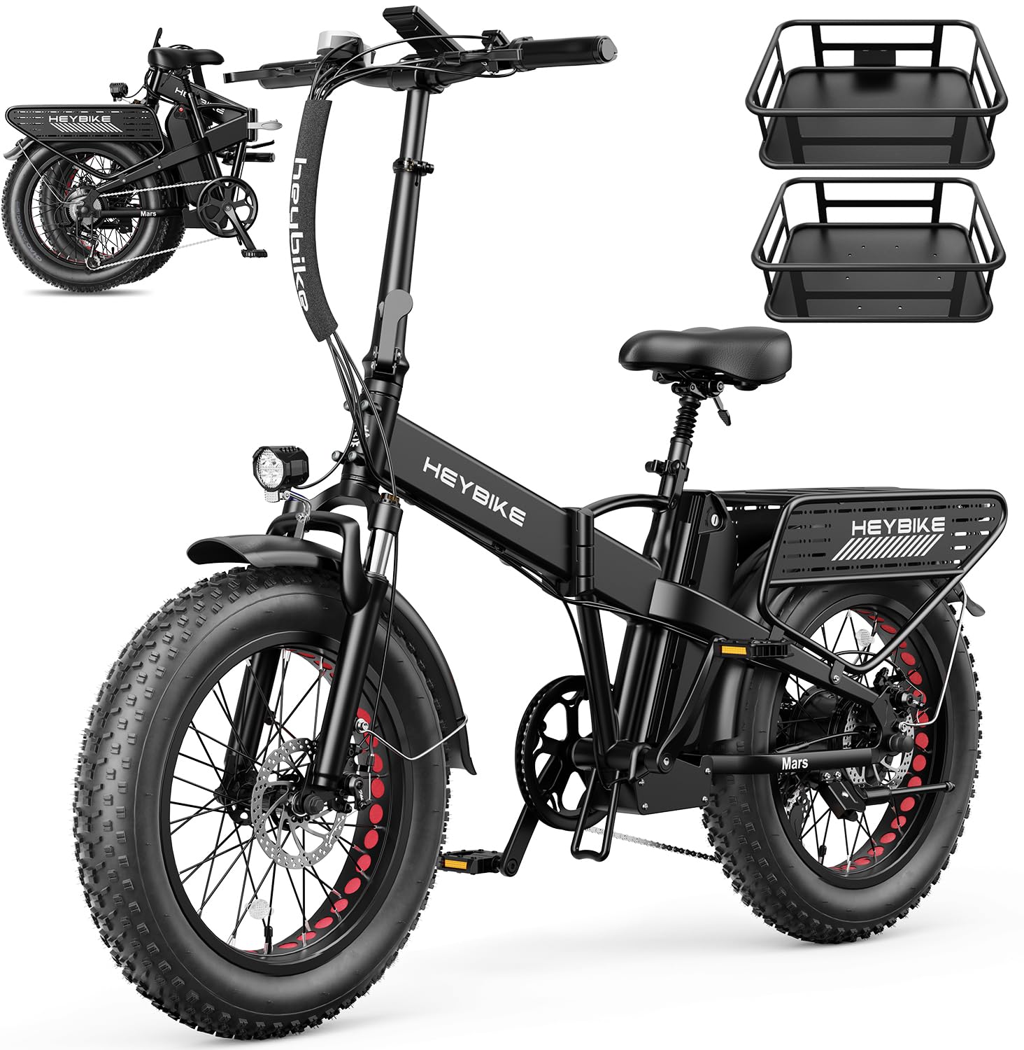 Heybike Mars 2.0/3.0 Foldable Electric Bike, UL2849 Certified, 70+Miles Long Range, 1400W/1800W Peak Motor 32MPH, 624WH Removable Battery, 20"*4 Fat Tire Ebike for Snow, Commute, Full Suspension