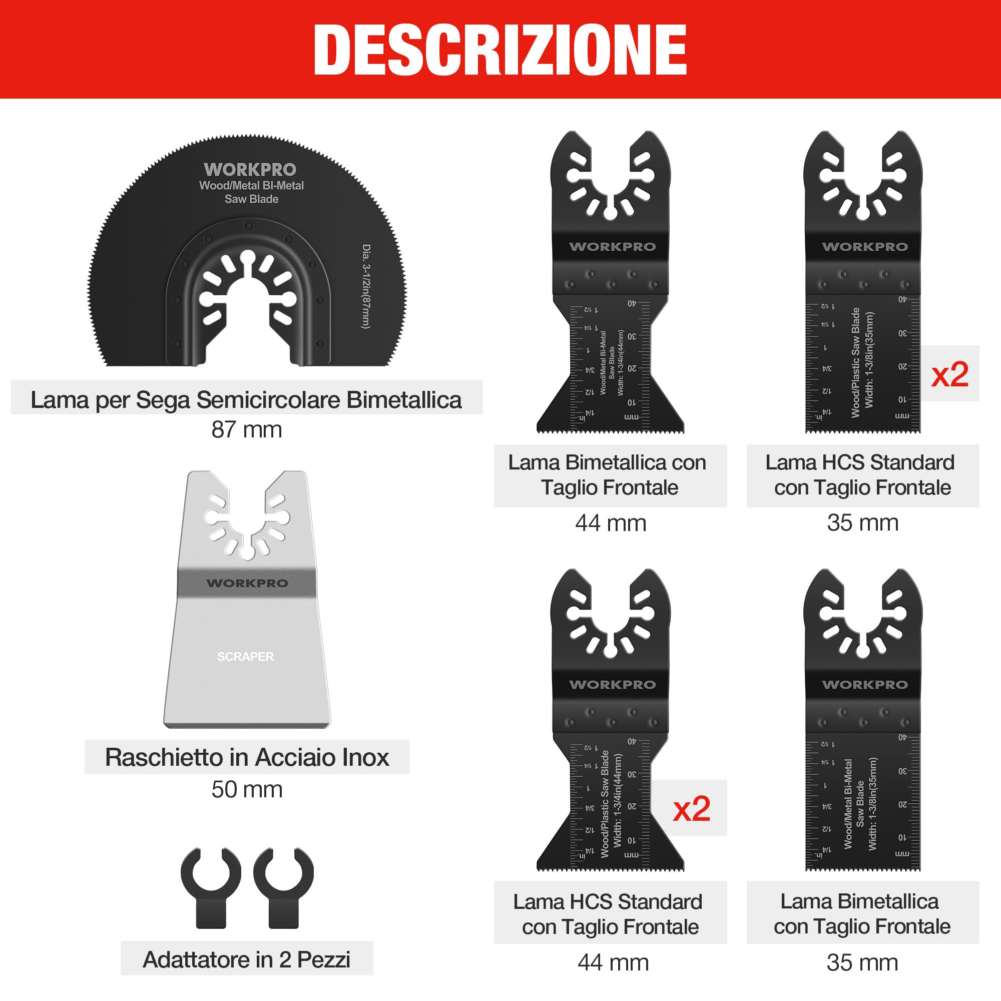 WORKPRO Lame Utensile Multifunzione 10 Pezzi, Lame Utensile Oscillanti Bi-Metallo Materiale, Accessori Oscillanti per Metallo Legno Plastica Cartongesso, Compatibile con la Maggior Parte delle Marche