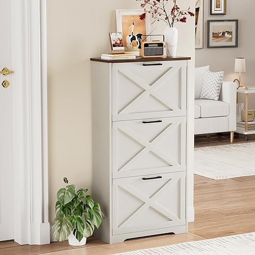 Miniatura 7 de Zapatero para entrada con 3 cajones abatibles, 3 niveles independientes, gabinete organizador de zapatos delgado y estrecho para entrada, pasillo,