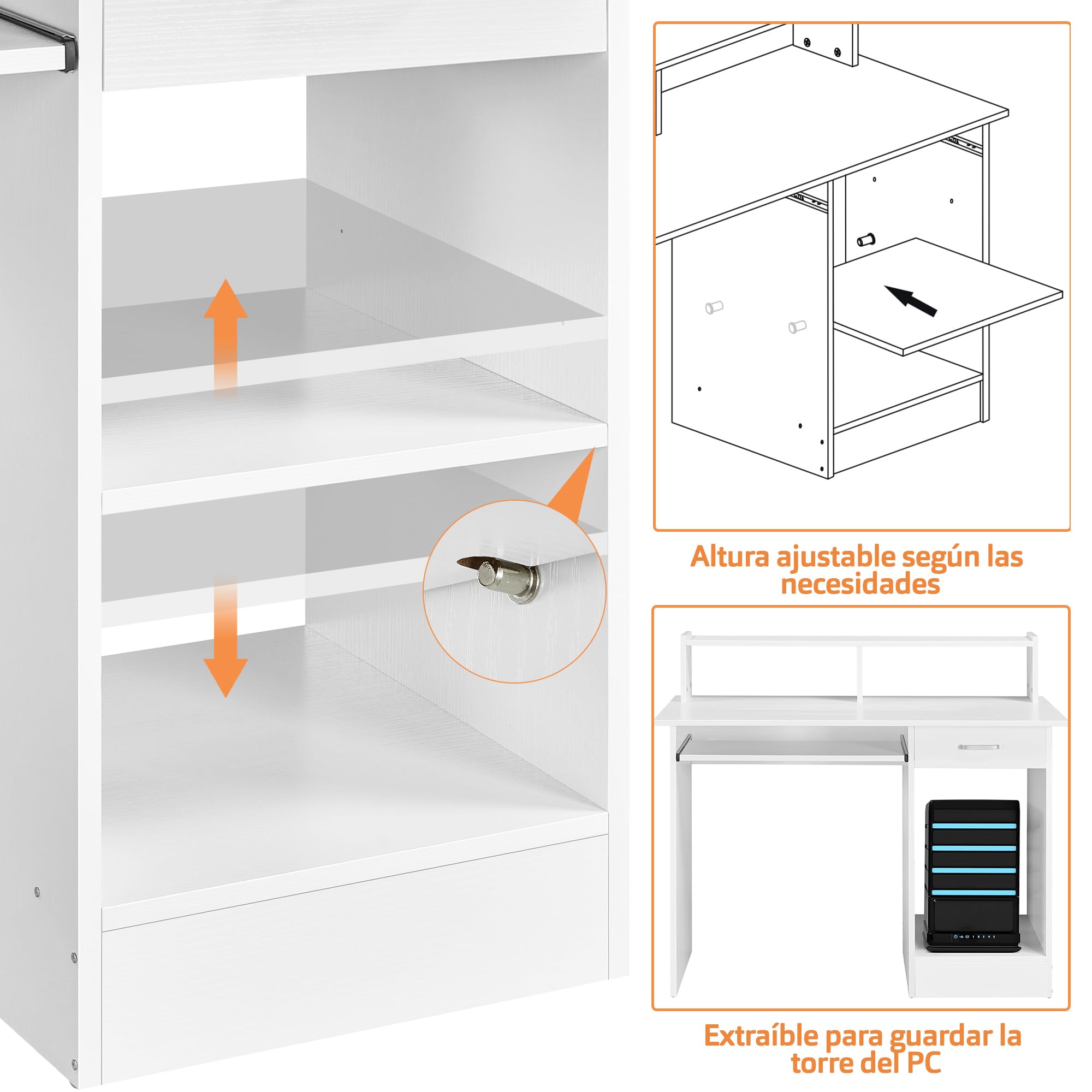 Yaheetech Escritorio con Cajón y Estante Ajustable, Mesa Ordenador con Bandeja para Teclado, Mesa de PC con Soporte de Monitor, para Estudio Dormitorio Oficina, Blanco
