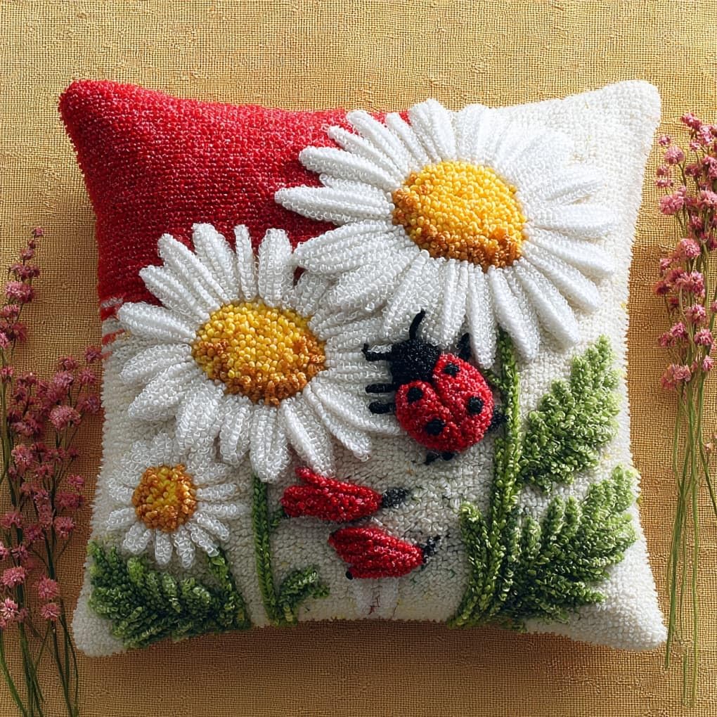 WallustrioaW Latch Hook Kit for Cushion Making,Ladybugs and Daisies