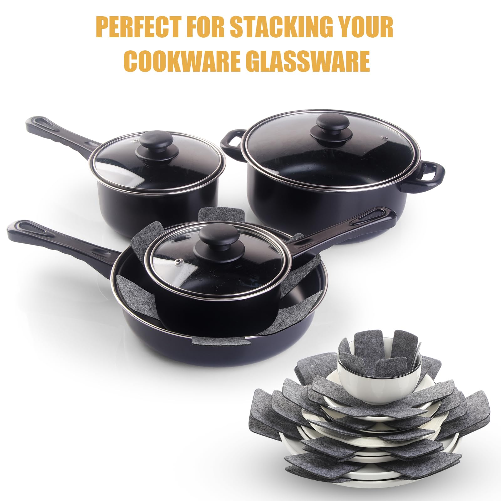 Honeydak 80 protectores para ollas y sartenes, 6 tamaños diferentes, almohadillas divisoras de ollas, protectores de utensilios de cocina para apilar, proteger ollas y sartenes, color gris
