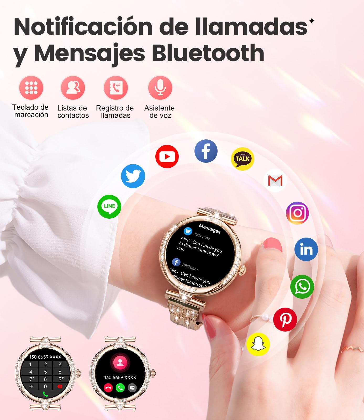 LIGE Smartwatch Mujer Bluetooth Llamadas para Android iOS Diamante Oro Rosa Acero Reloj Inteligente para Mujer 1,19'' AMOLED,Frecuencia cardíaca/Monitor de sueño, podómetro, calorías,100+ Deporte