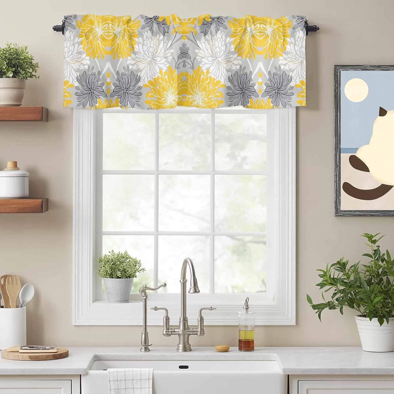 Savannan Window Valance Curtain, Abstract Flowers on Gray Rod Pocket Short Curtain Valances for Kitchen Bedroom Living Room Cafe 1 Panel 42x18in Watercolor Yellow White Flowers