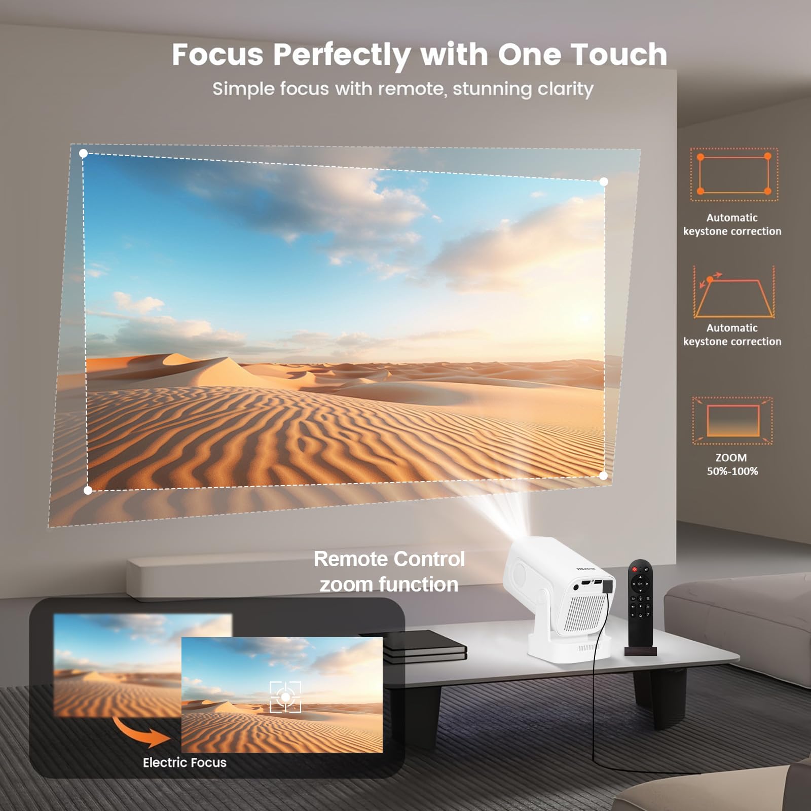 DCHAV Proiettore wireless portatile con supporto regolabile a 180° - decodifica video 4K, sistema Android, correzione trapezoidale automatica, home cinema all'aperto, compatibile con telefono e laptop