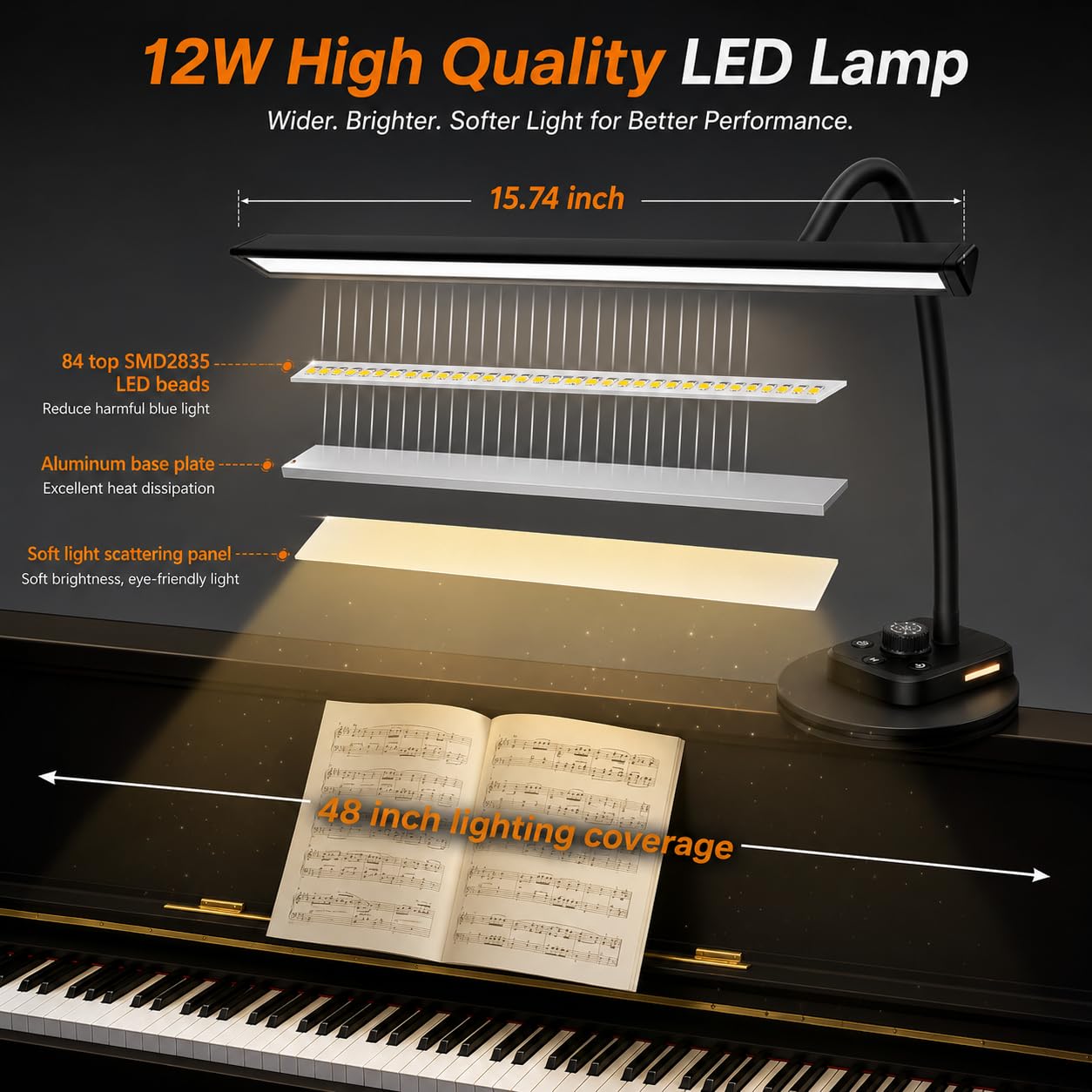 Luz de piano para pianos grandes y verticales, lámpara LED regulable con 5 modos, carga USB, temporizador de apagado automático, diseño de cuello de cisne ajustable, perfecto para músicos