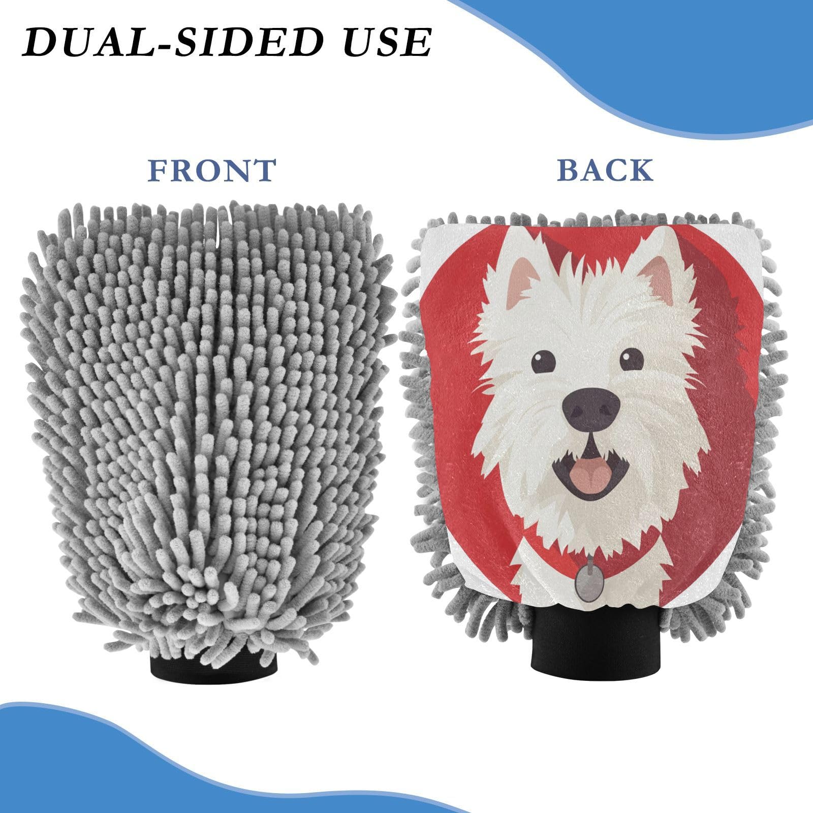 STAYTOP Cute White Dog Car Wash Mitt Microfiber, 2Pcs Scratch Free Lint-Free, Premium Chenille Microfiber Mitt Car Wash Brush-M