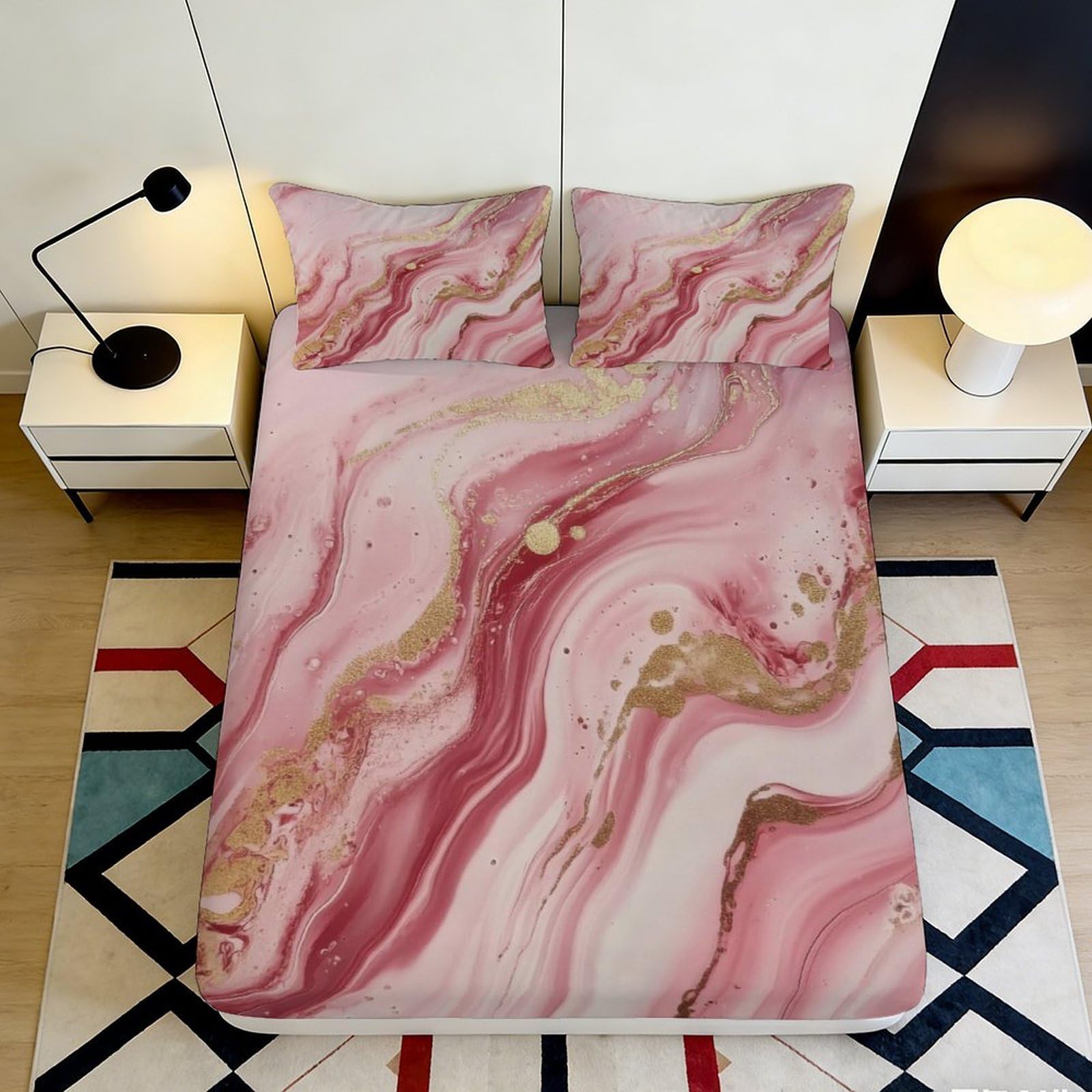 3D Printed Pink Marble Fitted Sheet Microfiber Soft Durable Swirl Pattern Bed Cover for Bedroom Dormitory Guest Room Mattress Protection 160x200x25cm