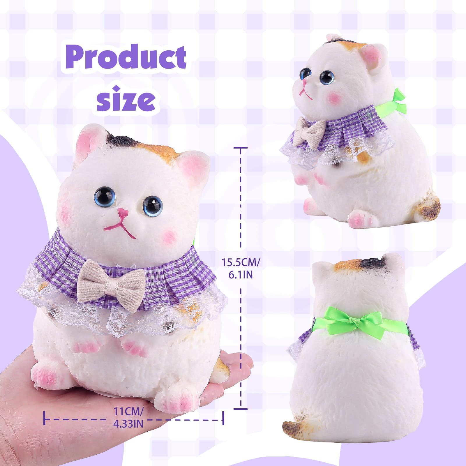 Anboor Big Cat Squishy Toy, Soft Calico Cat Squeeze Stress Relief Toys with Bowknot Collar - Image 2