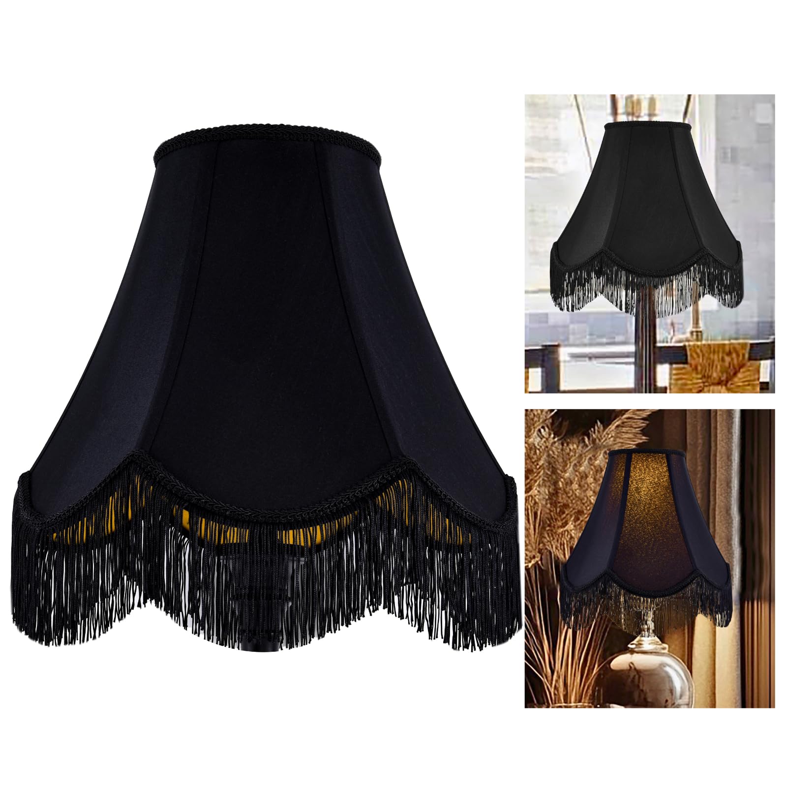 GO&SO Black Silk Bell Lamp Shades Petal Edge Braid with Black Fringe Trim, 6" x 13" x 10.6"(Spider), Classic Scalloped Lamps Shade Hand Crafted, Replacement Shades for Table,Floor Lamps, Easy Assembly — image 1