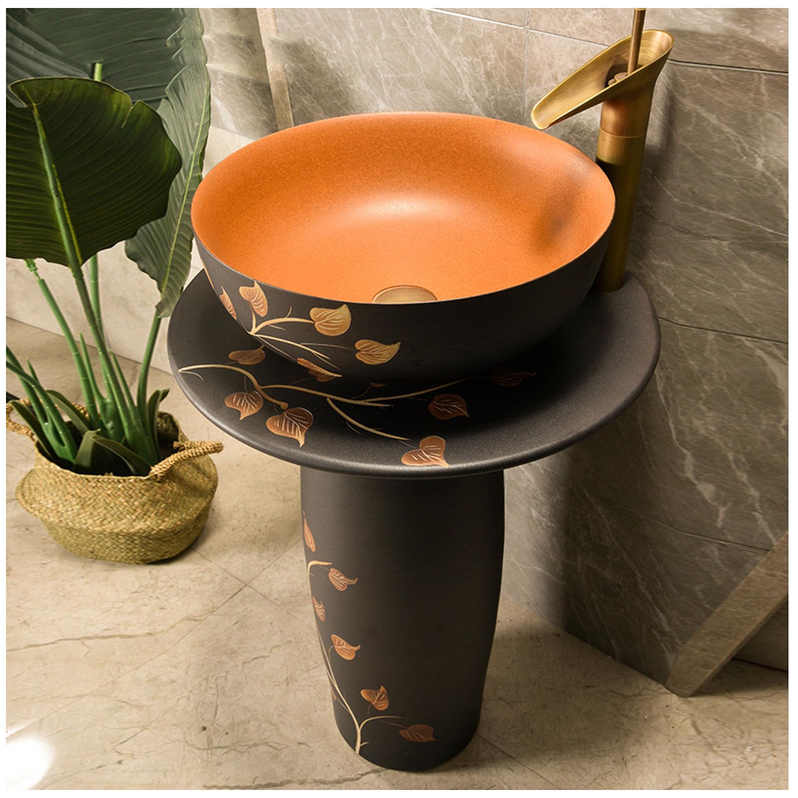WDSOPK Modern Ceramic Bathroom Basin Sink with Full Pedestal, Hand-Carved Column Sink Industrial Style Art Washbasin, Ceramics Pedestal Sink,with Mirror (With Mirror)