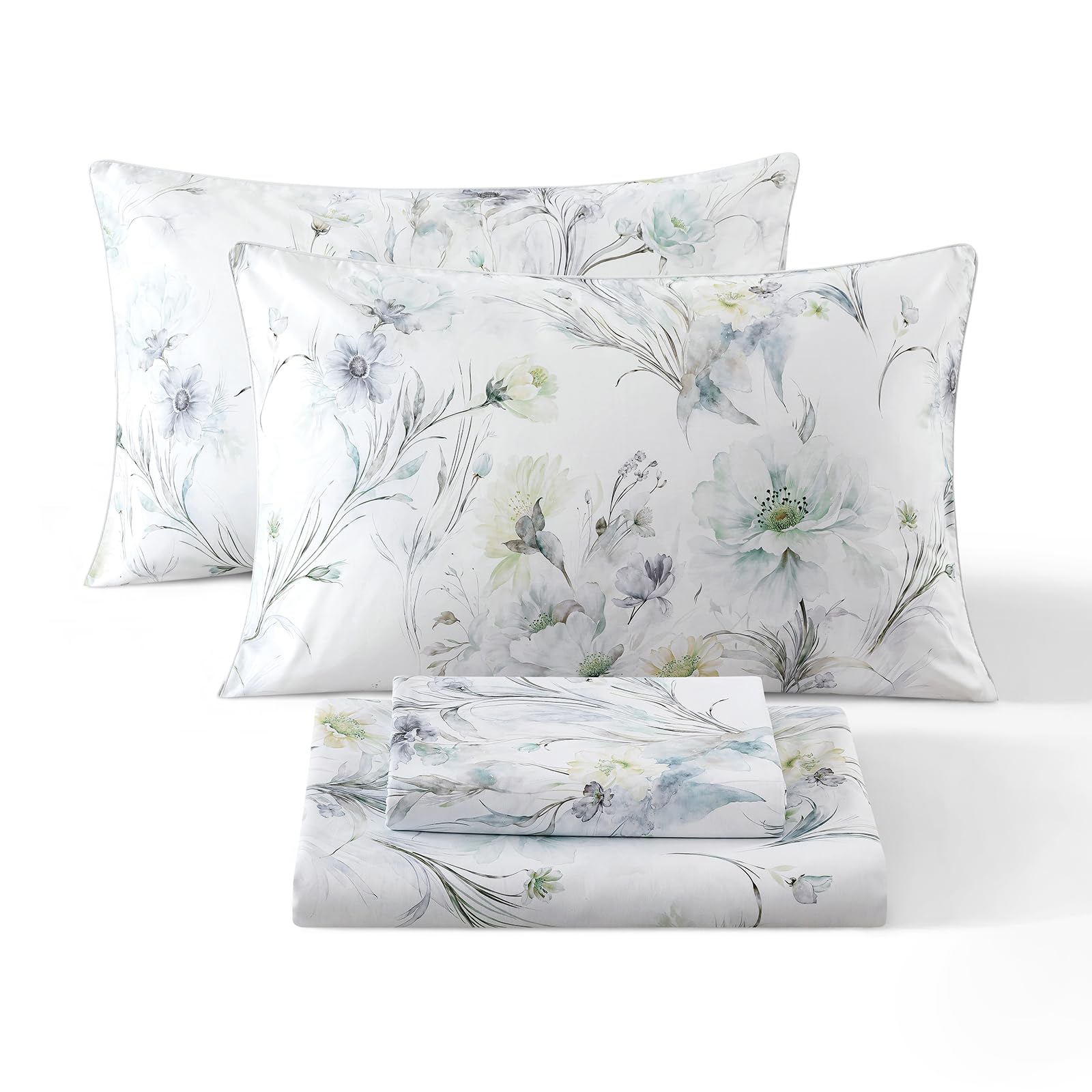Vintage Green Floral Percale Bed Sheets Full Size Deep Pocket 4Pcs | 100% Cotton Flower Farmhouse Sheet Set, Peony Print Cottagecore Sheets, Luxury Designer Bedding, Aesthetic, Soft Crisp, White