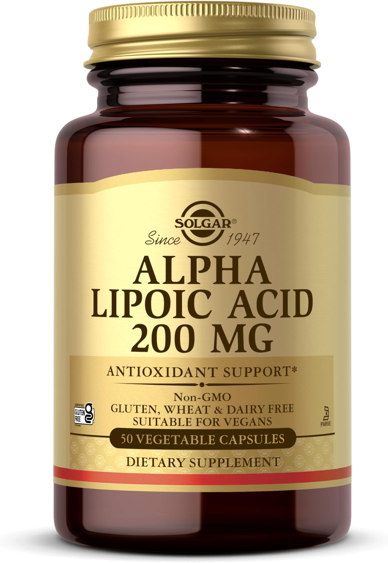 Solgar Alpha Lipoic Acid 200 mg, 50 Vegetable Capsules - Antioxidant Support - Helps to Recycle Glutathione, Vitamin C & E, CoQ-10 - Non-GMO, Vegan, Gluten Free, Dairy Free, Kosher - 50 Servings
