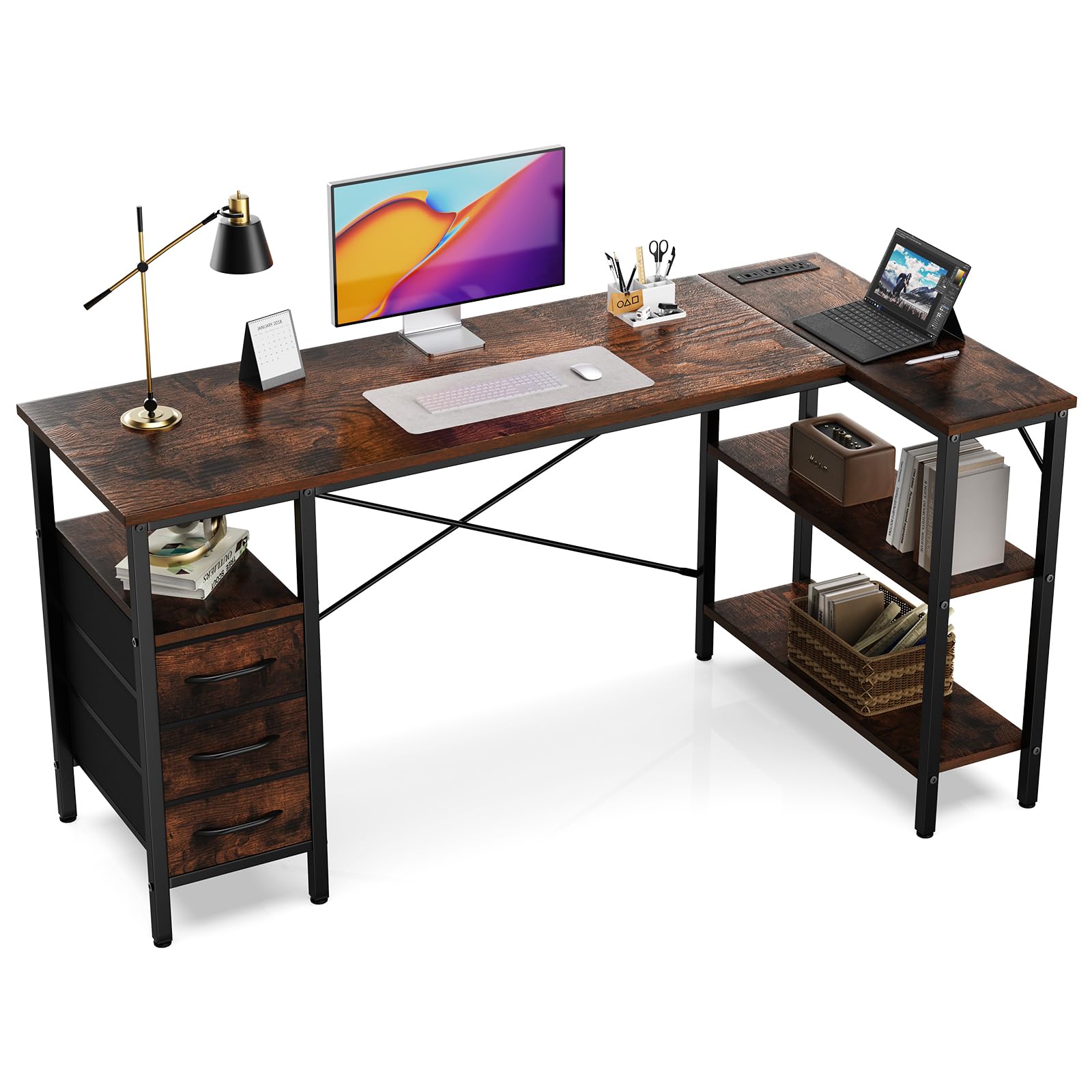 Simple Deluxe L Shaped Gaming Desk in Rustic Brown