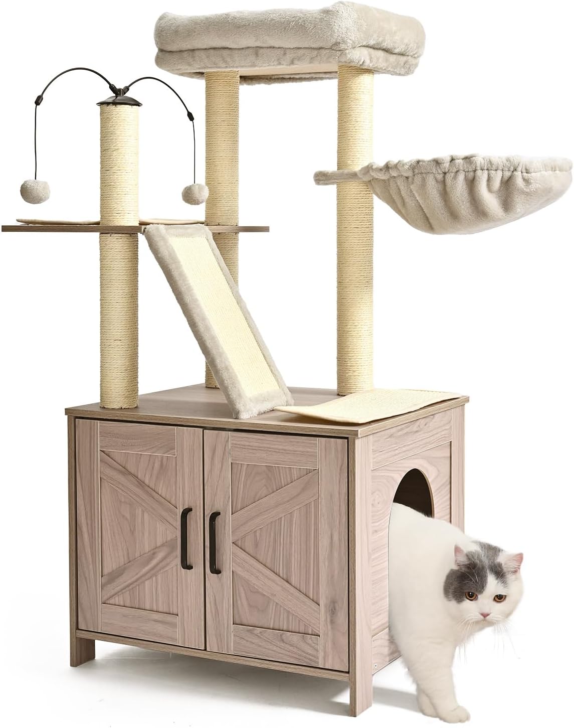 Amazon Basics Furniture Cat Tree with Litter Box Enclosure, Large Cat Tree with Scratching Posts, Sisal Pad, Cozy Perch and Hammock