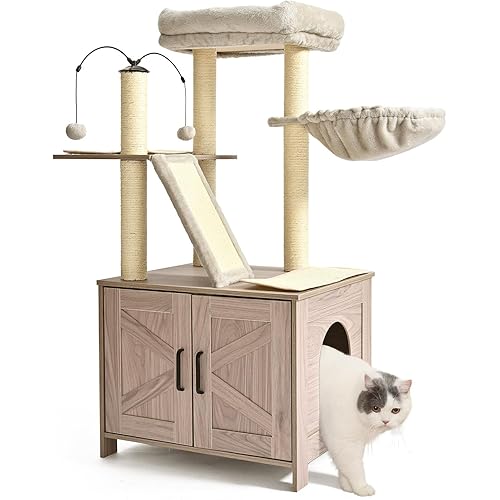 Amazon Basics Furniture-Style Cat Tree with Litter Box Enclosure, Scratching Posts, Sisal Pad, Cozy Perch and Hammock