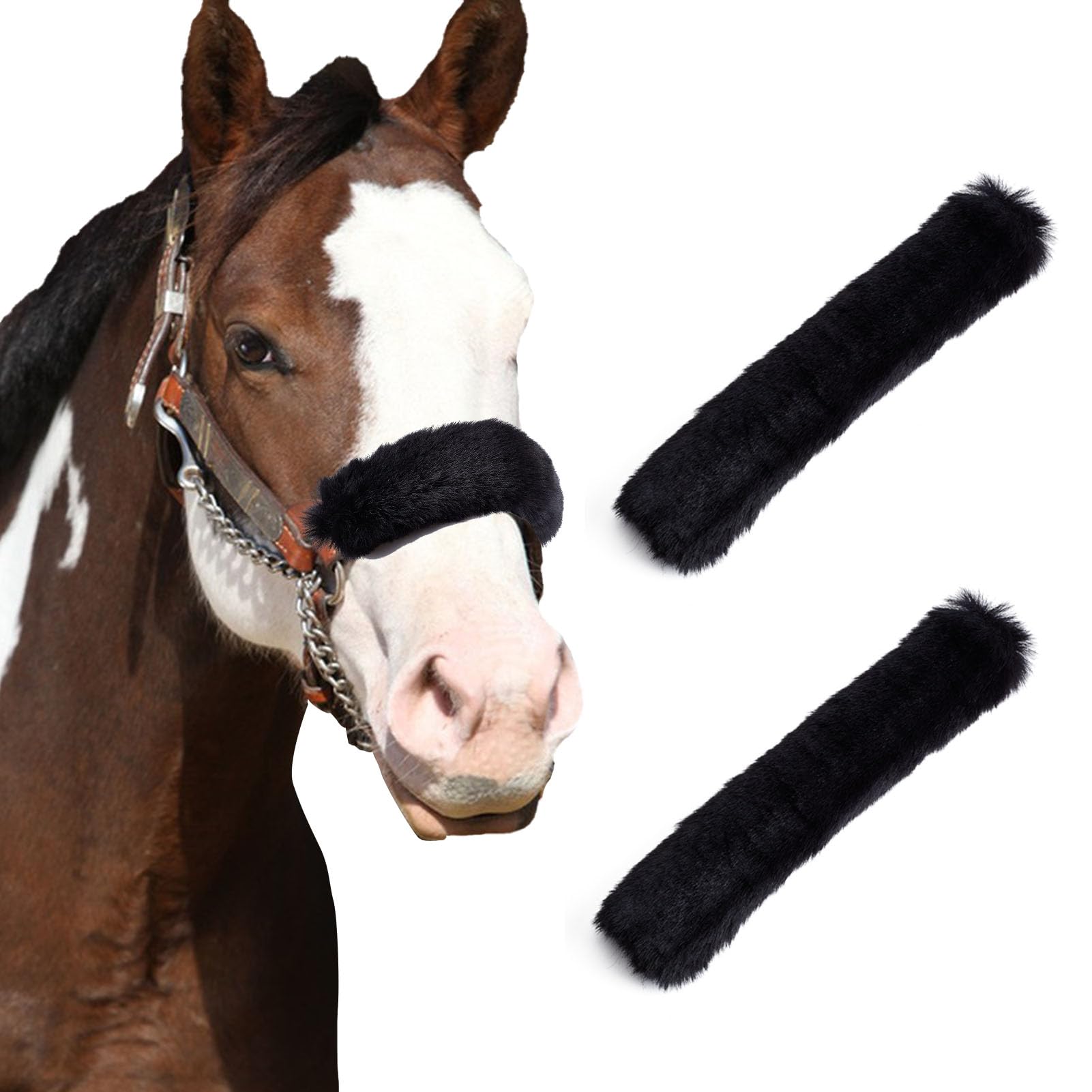 NICENEEDED 2 PCS Black Soft Fluff Horse Halter Cover, Breathable Relief Cushiobed Comfort Horse Noseband Cover, Washable Adjustable Halter Cover for Horses