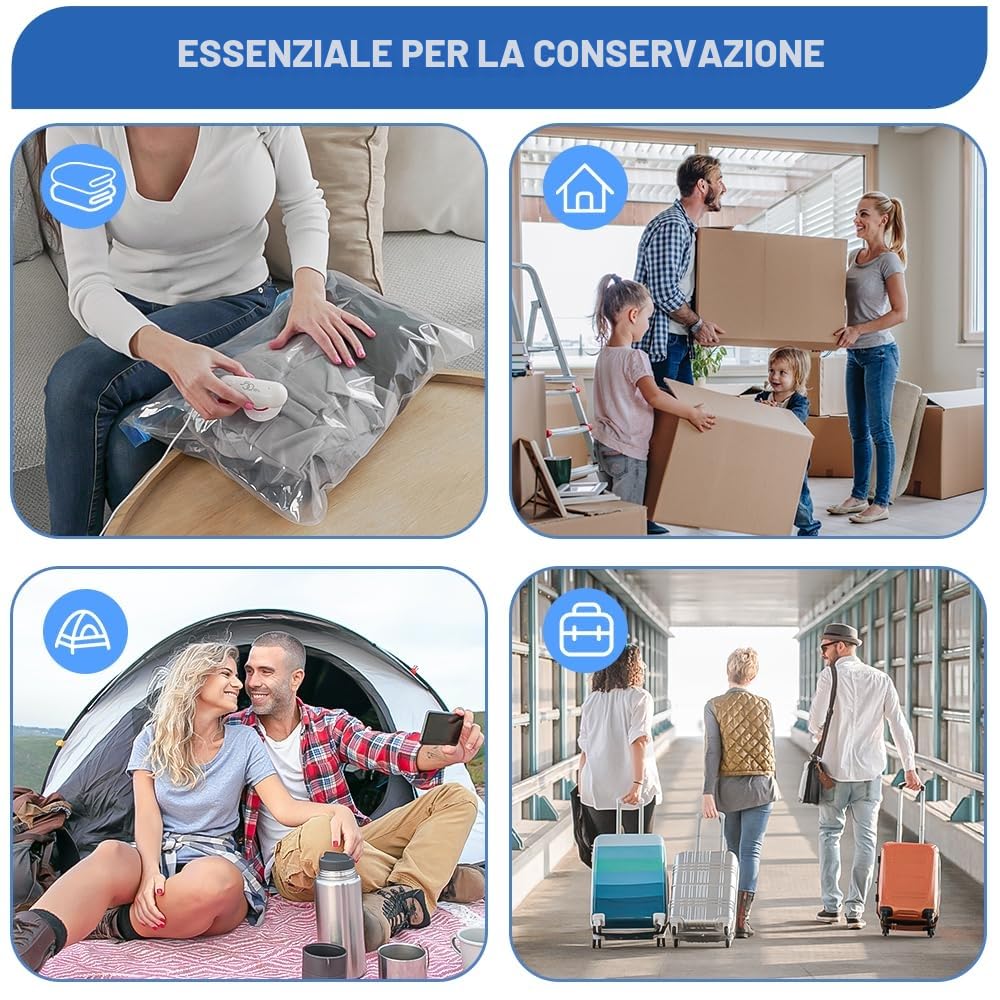 Sacchetti Sottovuoto Vestiti con Pompa USB, 6 Pezzi di Buste Sottovuoto Vestiti (2X 40*40cm, 2X 40*50cm, 2X 40*60cm), Sacchetti Sottovuoto Viaggio Riutilizzabili - Essenziali per Viaggio Salvaspazio