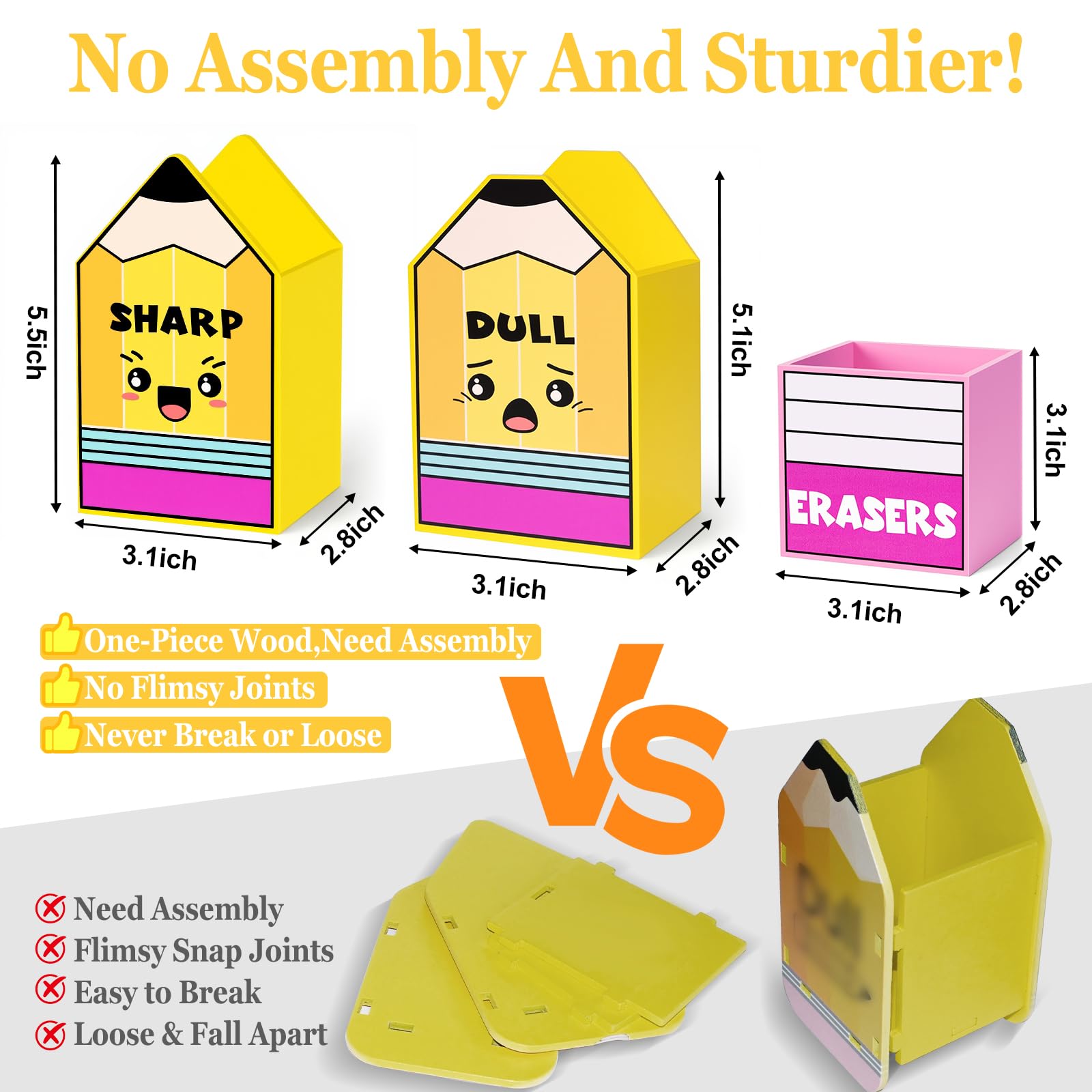 No requiere montaje, 3 portalápices de madera con forma de lápiz afilado y opaco con cubo de goma de borrar para profesores de aula, vuelta a la escuela