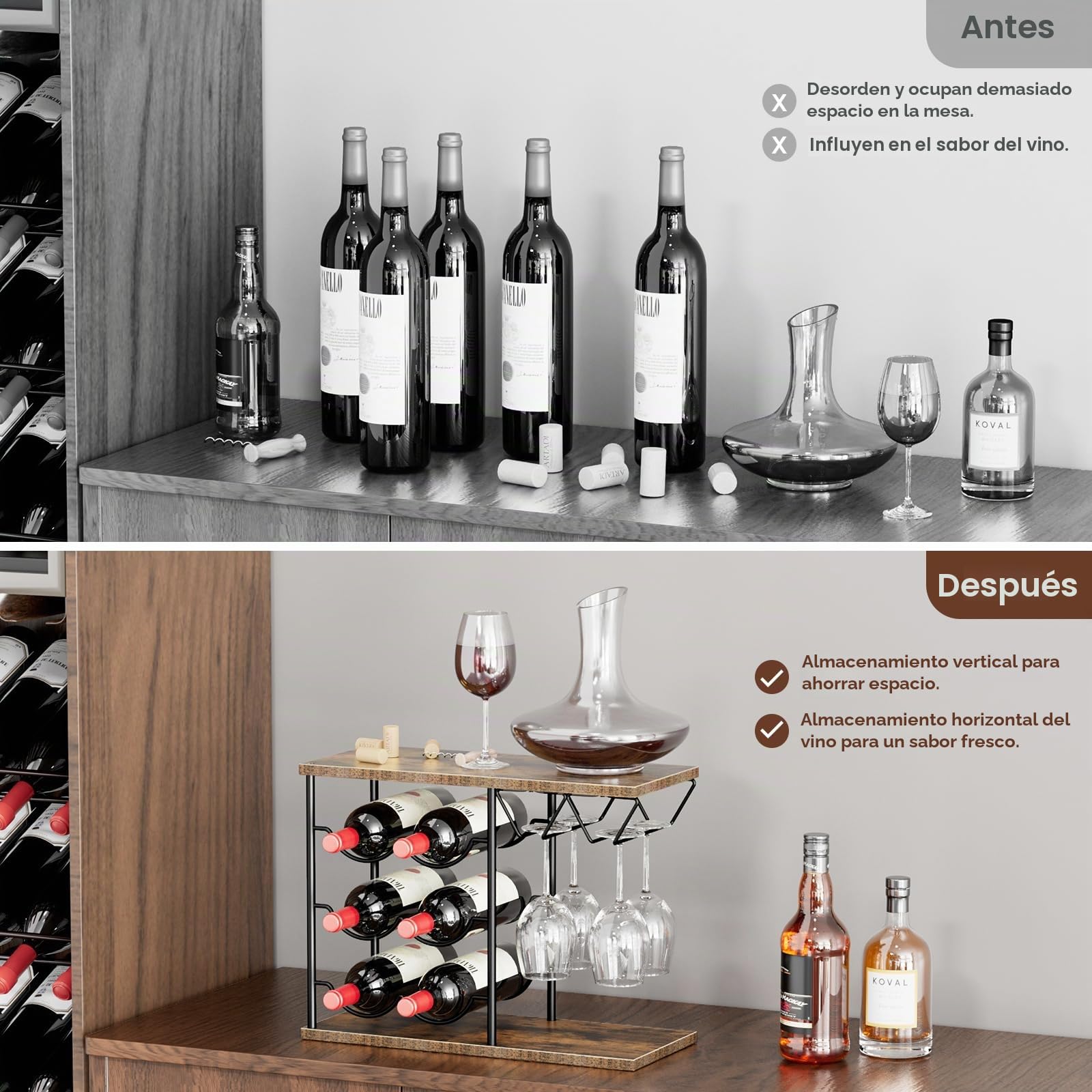 Nuovoware Estantes de Vino para Encimera, Porta Botellas de 6 y 4 Copas, Organizador Metálico de Madera