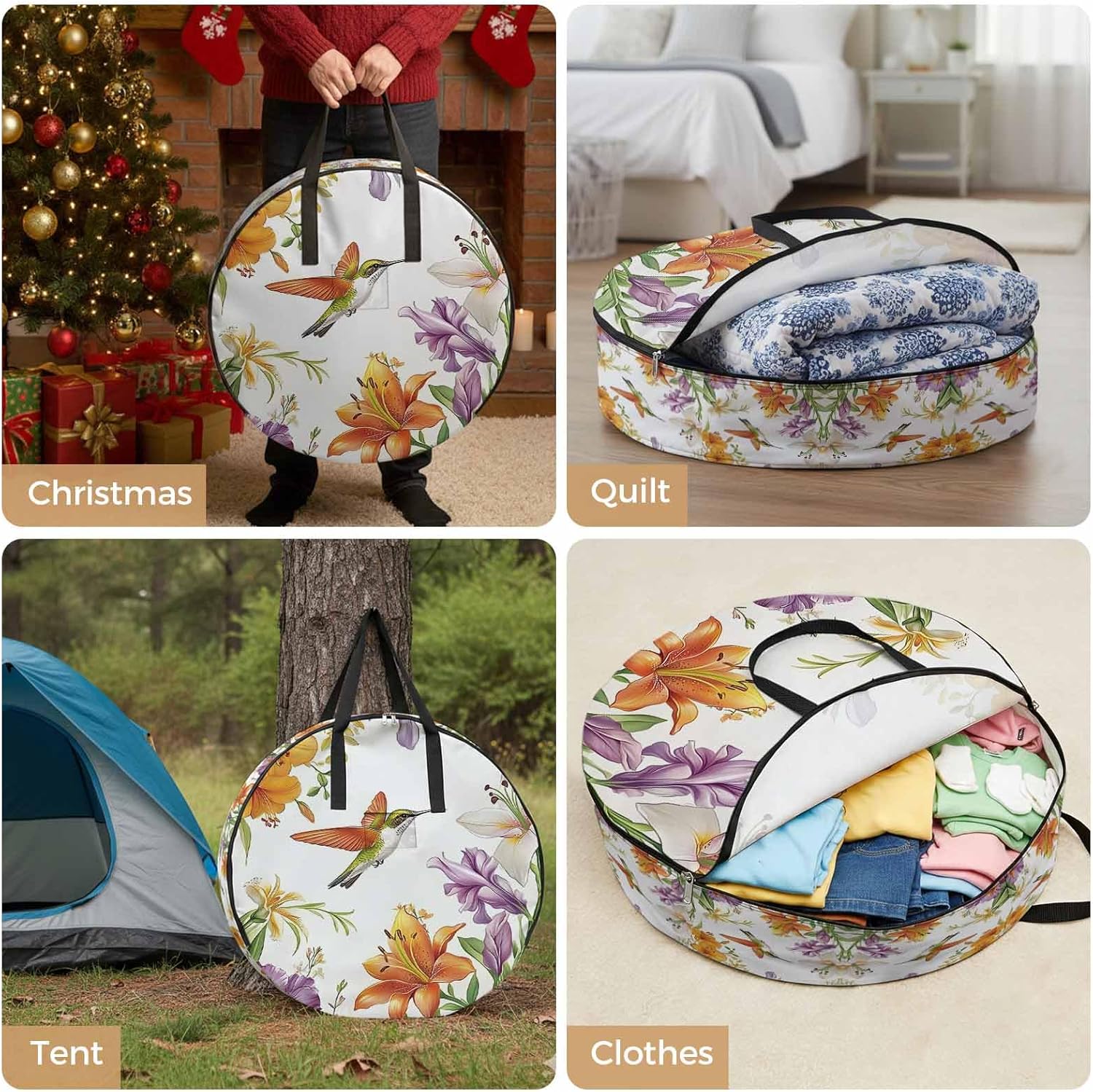 Spring Round Storage Bag 36 Inch, Hummingbird Wildflowers Retro Pastoral Scenery Clothes Storage Container with Handles Heavy Duty Organizer for Comforter, Bedding & Holiday Wreaths