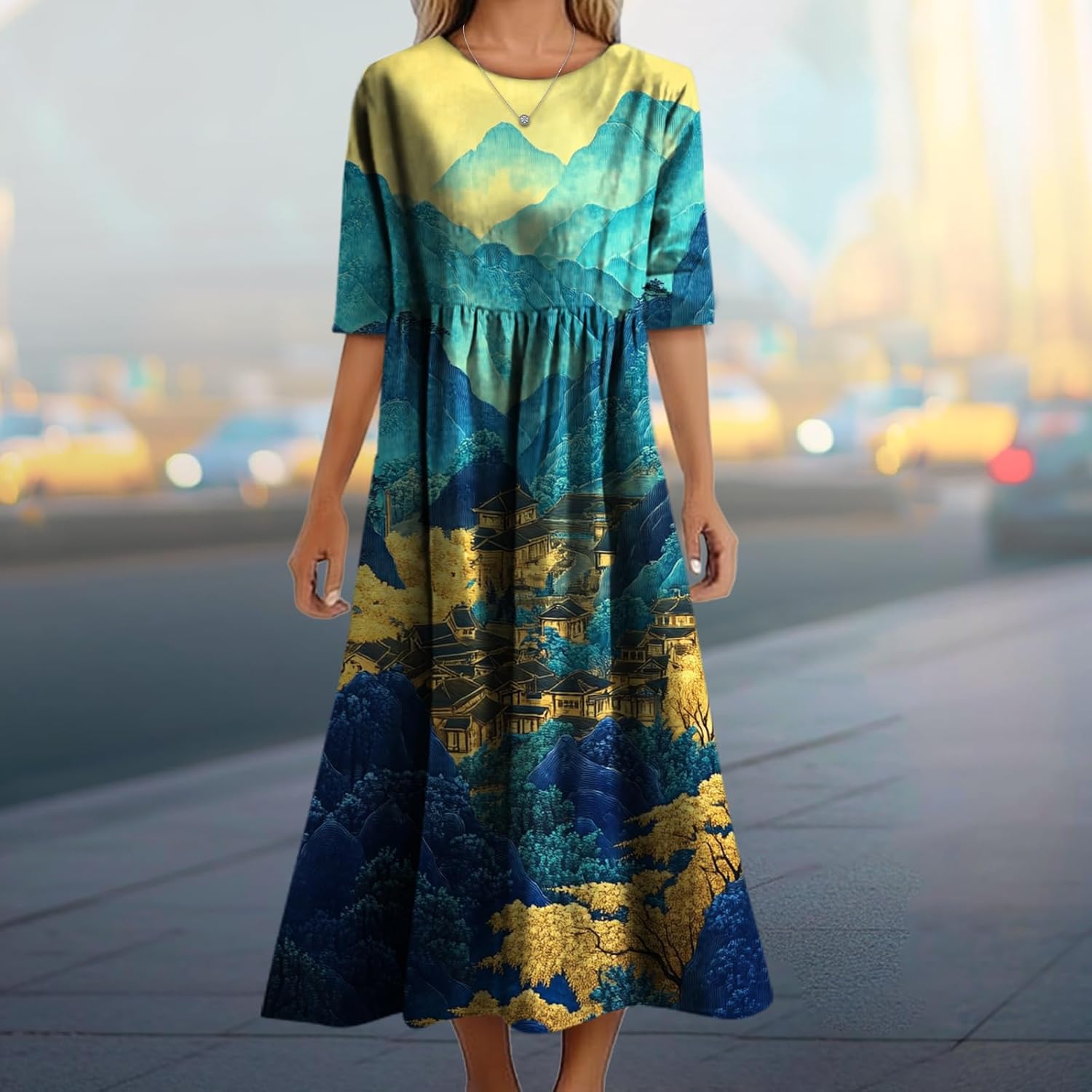 Women's Summer Maxi Dress Casual Boho Stylish Cotton Short Sleeve Flowy High Waist Long Beach Sundress - Image 2