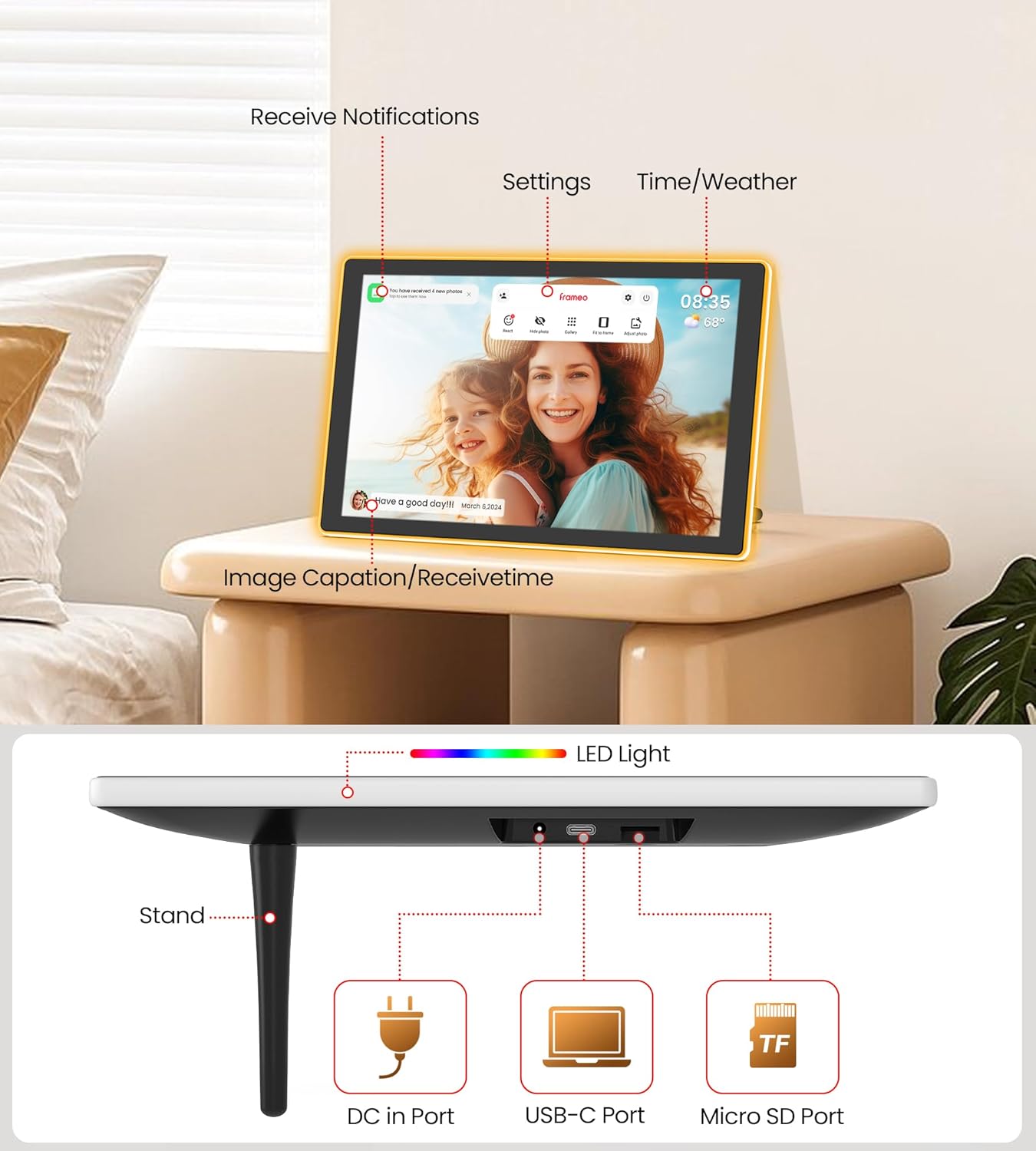 BIGASUO Digital Picture Frame, 10.1" Frameo Digital Frame WiFi with LED Light, 32GB Memory, 1280x800 IPS Touch Screen, Send Photos/Videos from Your Phone Anywhere, Photo Gifts for Parent/Grandparent