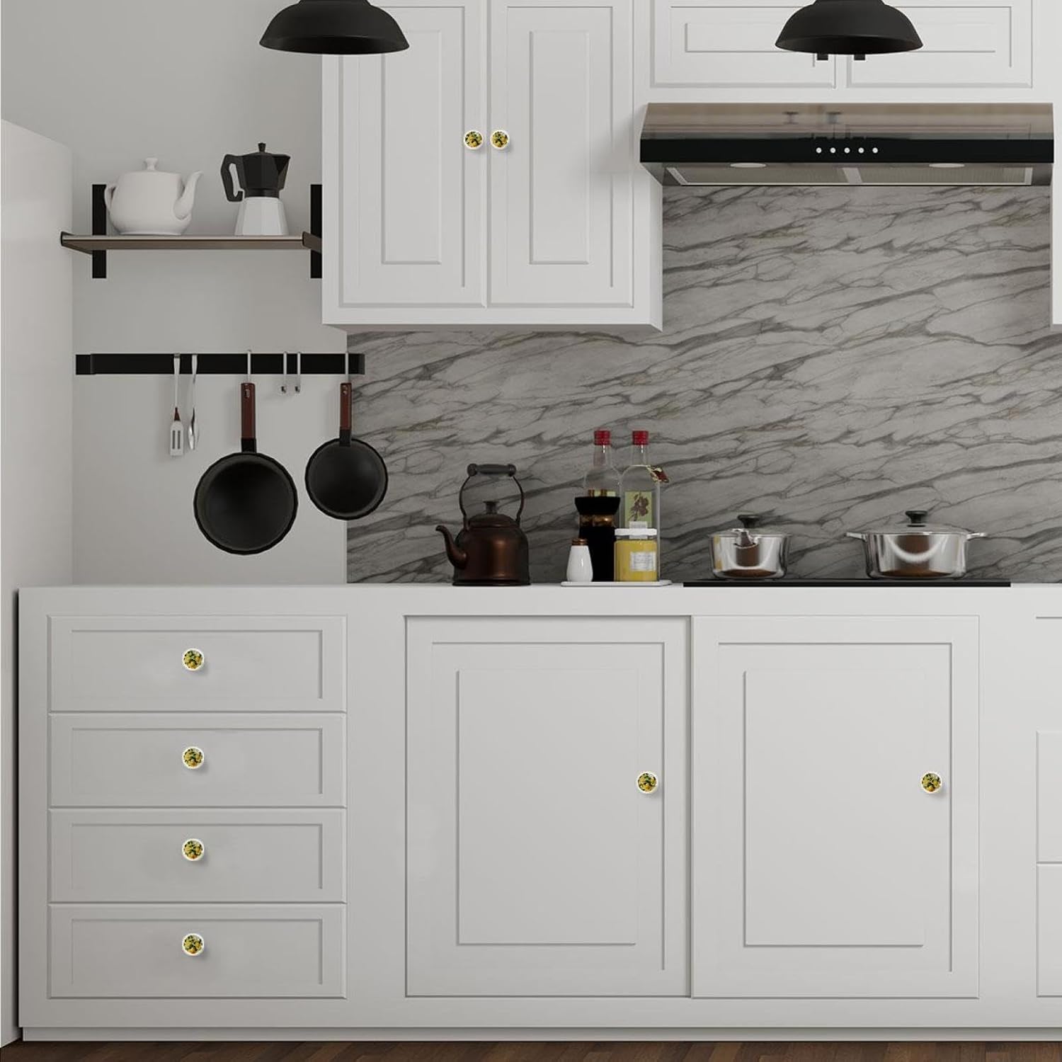 Black & Fruit Yellow Lemon Pattern Farmhouse Cabinet Knobs, Rustic Drawer Pulls with Long & Short Screws for Kitchen Bathroom Dresser Wardrobe