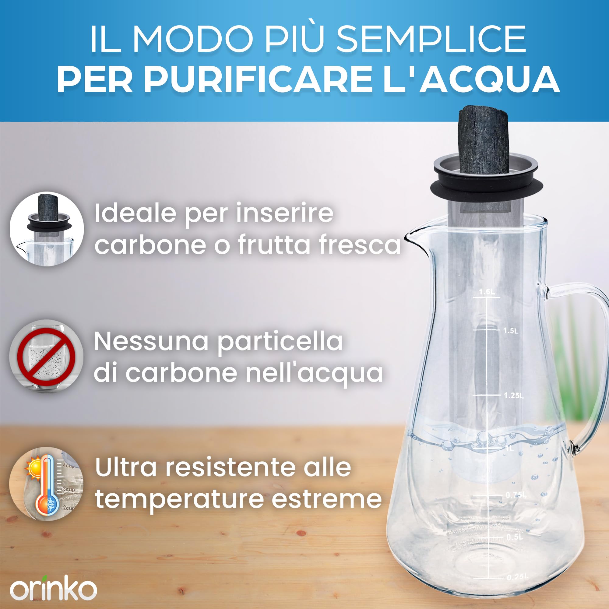 ORINKO® Caraffa Filtrante Vetro 1,6 L con Filtro Inox e Carbone Attivo Binchotan - Acqua Pura e Gusto Naturale - Accessorio Ecologico Zero Plastica per Cucina Sostenibile e Benessere