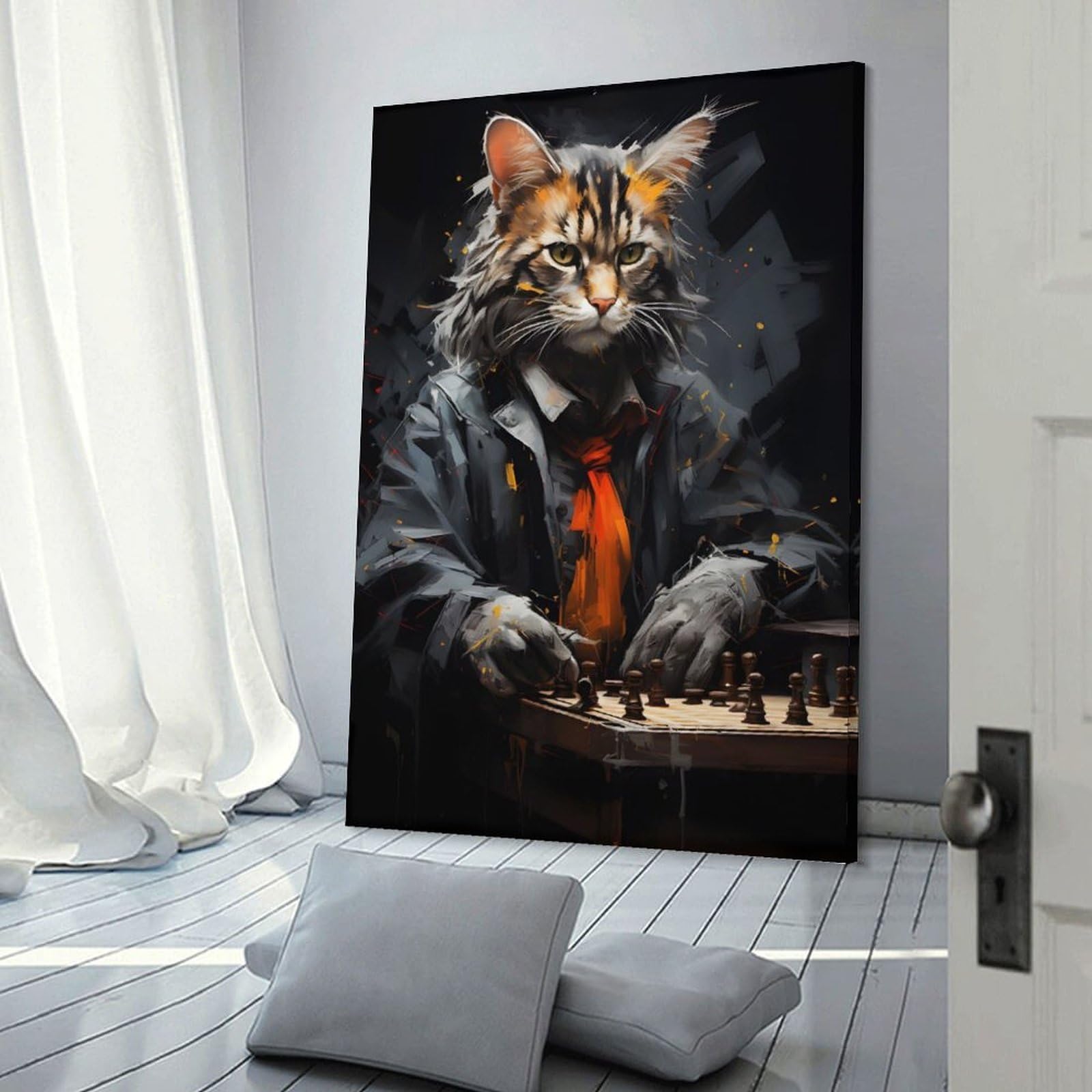 Junmoney Canvas Wall Picture Cat Playing Chess Painting, 24x36inch(60x90cm), for Home Lounge, Bedroom Or Reading Nook, A Home Accent with Warm Character