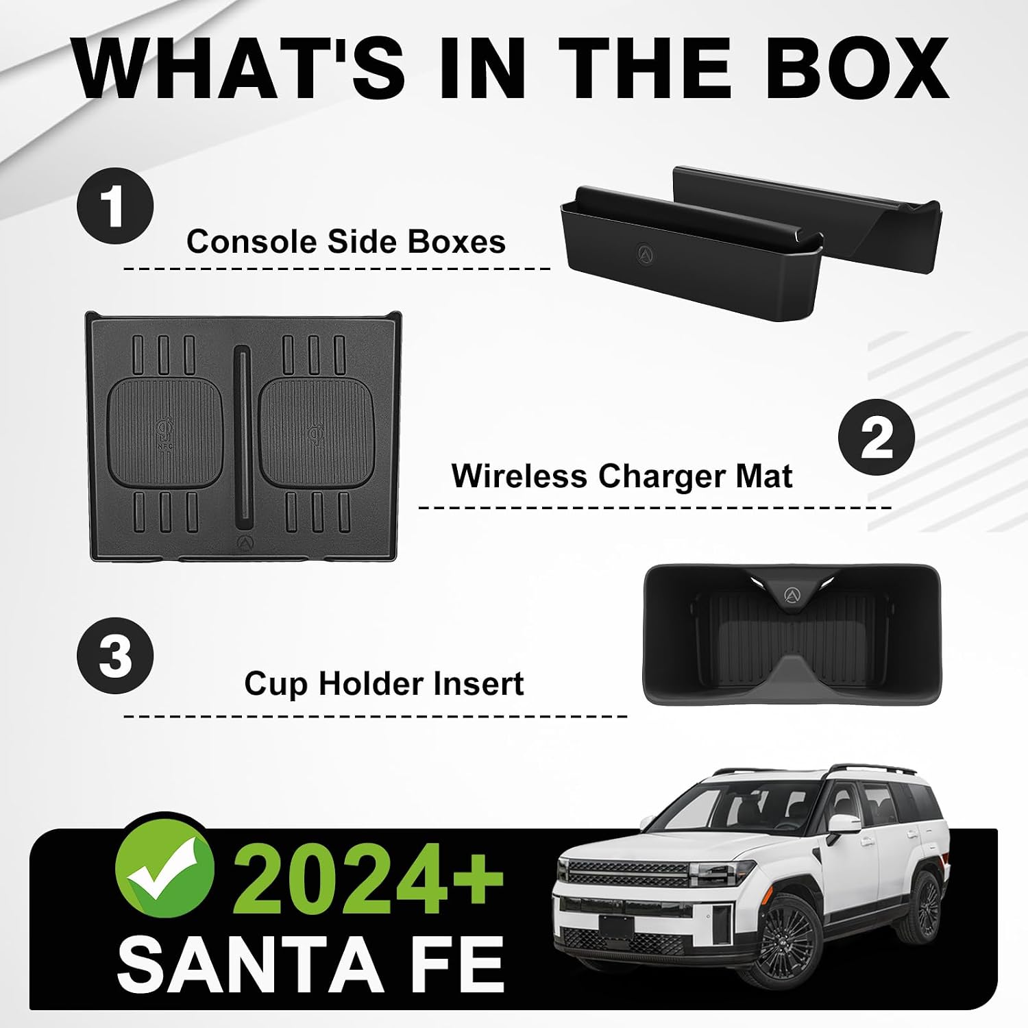 Muslogy Console Organizer Compatible with 2024 2025 2026 Hyundai Santa Fe Accessories Middle Console Storage Box Phone Pockets & Wireless Phone Charging Mat & Cup Holder Inserts Drink Holder