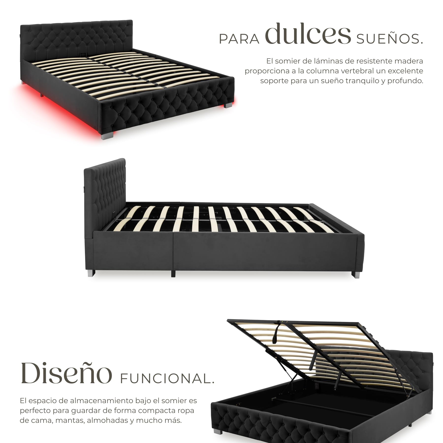 tectake® Cama Tapizada de Terciopelo con Leds, Canape Somier Abatible, Acero Estable, Cama Alta con 300 kg de Capacidad, Mando, Acolchado Chesterfield, Iluminación LED - 217 x 187,5 cm Negro
