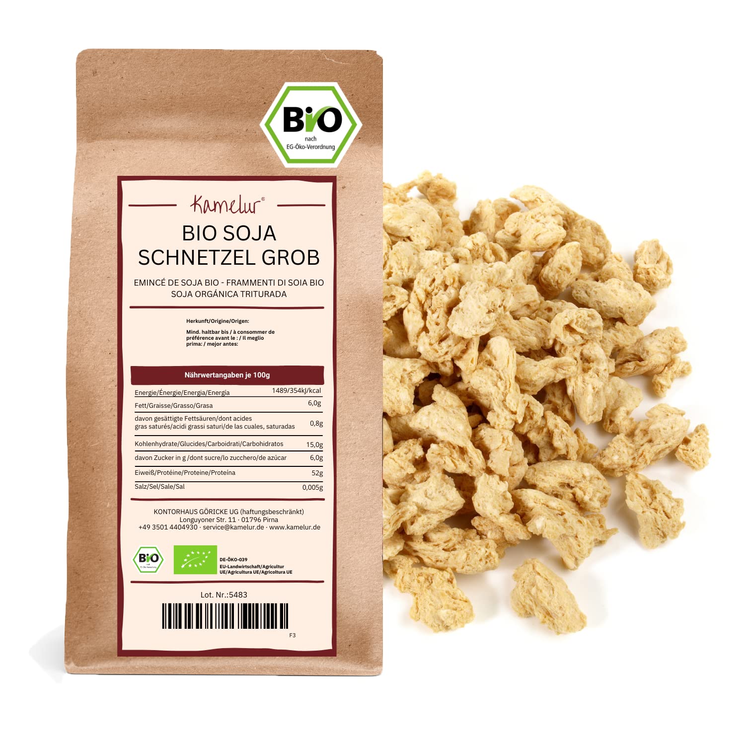 Kamelur Bio Soja Schnetzel Grob aus EU-Anbau (1kg) Sojaschnetzel 1-3cm ohne Zusätze als Fleischersatz