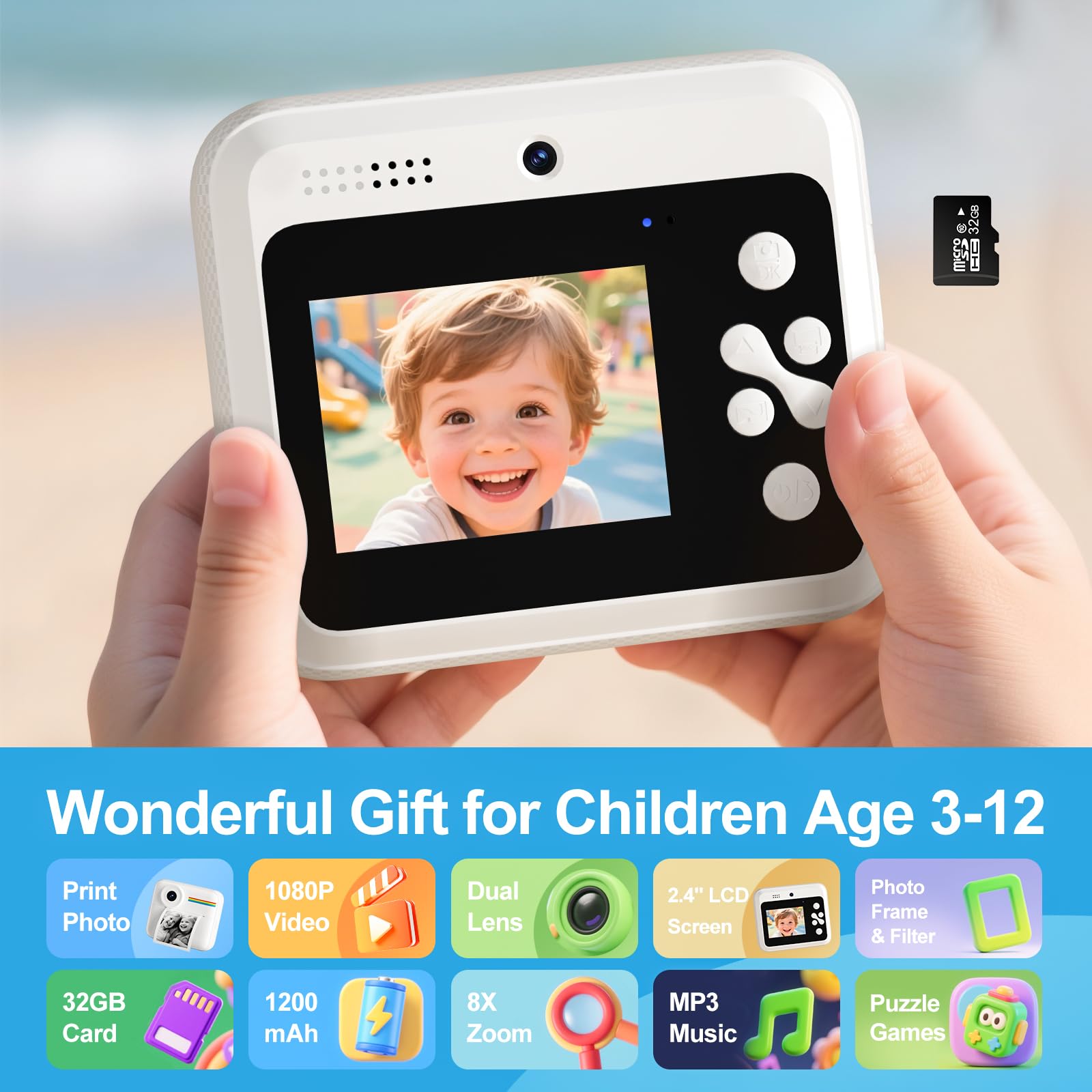 Cámara de impresión instantánea para niños, cámaras instantáneas de 1080P para niños que imprimen fotos con tarjeta de 32 GB, cámara digital Daurable para niños, regalo de cumpleaños para niñas y 2