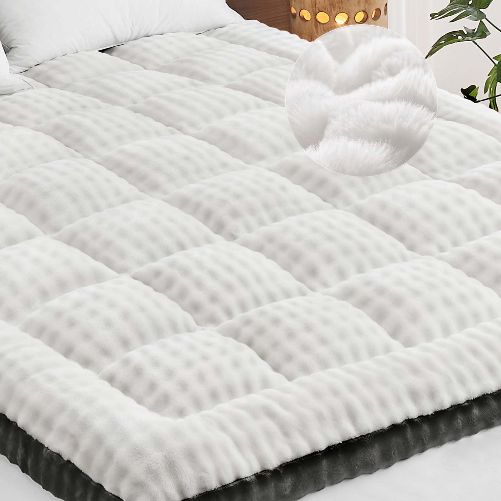 Cymula Full Size Mattress Topper for Winter Fleece Bubble Pillow Top Mattress Pad with 8-21 Inch Elasticated Deep Pockets, Plush Down Alternative Fill Warm Fuzzy Mattress Protector, White